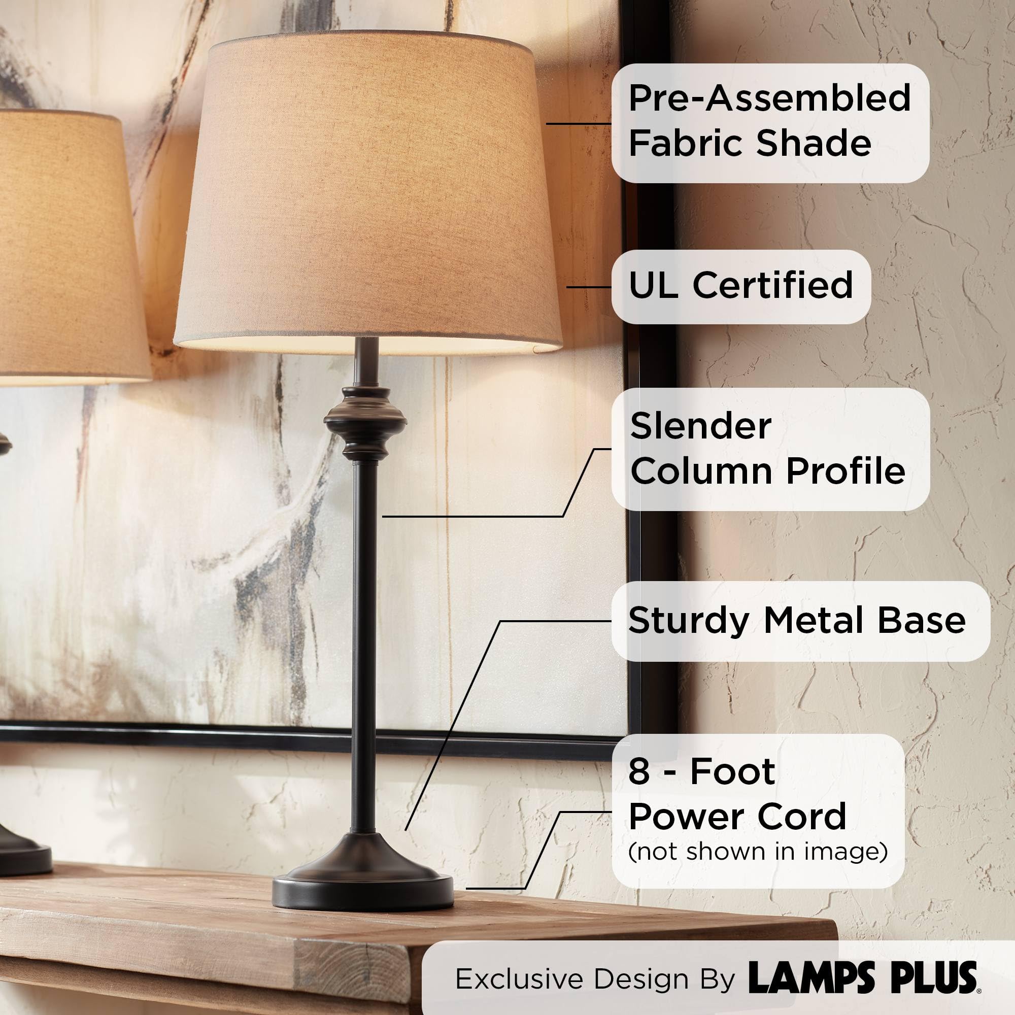360 Lighting Lynn Modern Industrial Buffet Table Lamps 26" Tall Skinny Set Of 2 Dark Bronze Brown Metal Oatmeal Fabric Drum Shade For Living Room House Home Dining Office Entryway Family Decor