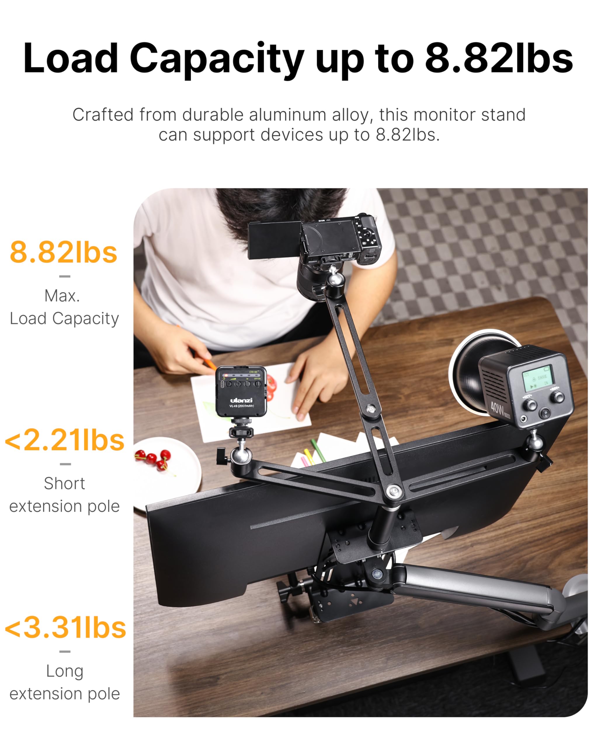 Ulanzi Vs01 Overhead Camera Mount Stand For Vesa Monitor, 1/4'' Universal Camera Mount Rig With Flexible Arms, 360 Ball Head Adjustable Holder For Video Recording Live Stream Dslr Mic Light
