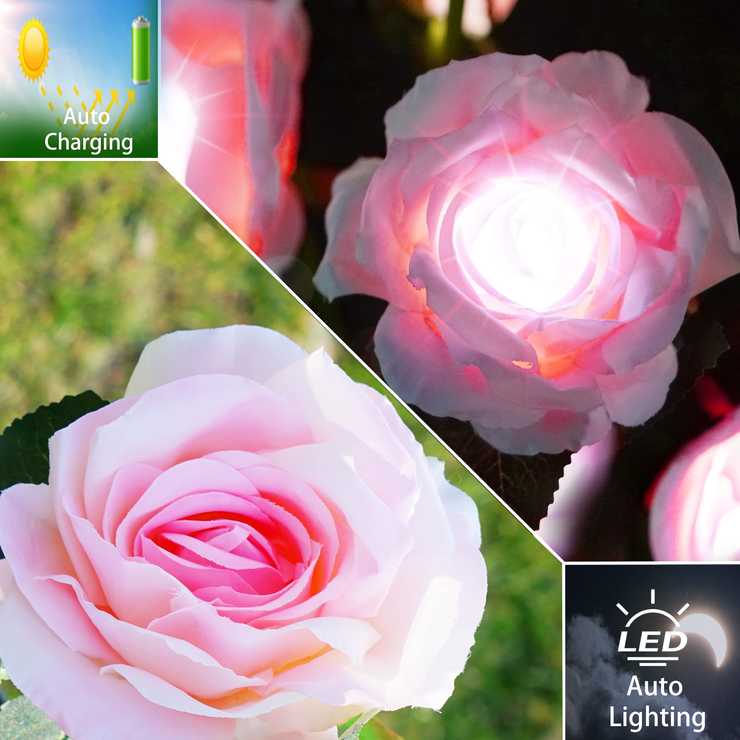 Smilingtown Solar Flower Lights Garden Decorations Outdoor Waterproof [Updated] 2 Packs 10 Pink Roses Solar Decorative Stake Lights For Patio Pathway Yard Lawn Decor