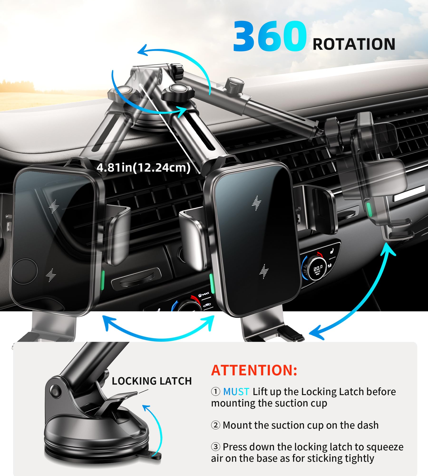 Gumosh Dual Coil 15W Car Phone Holder (Not Easy To Disconnect) Wireless Car Charger -Auto Clamping- Charging Phone Holders For Your Car Dash Vent Windshield, For Flip S24/S23/S22/S21, Iphone Series