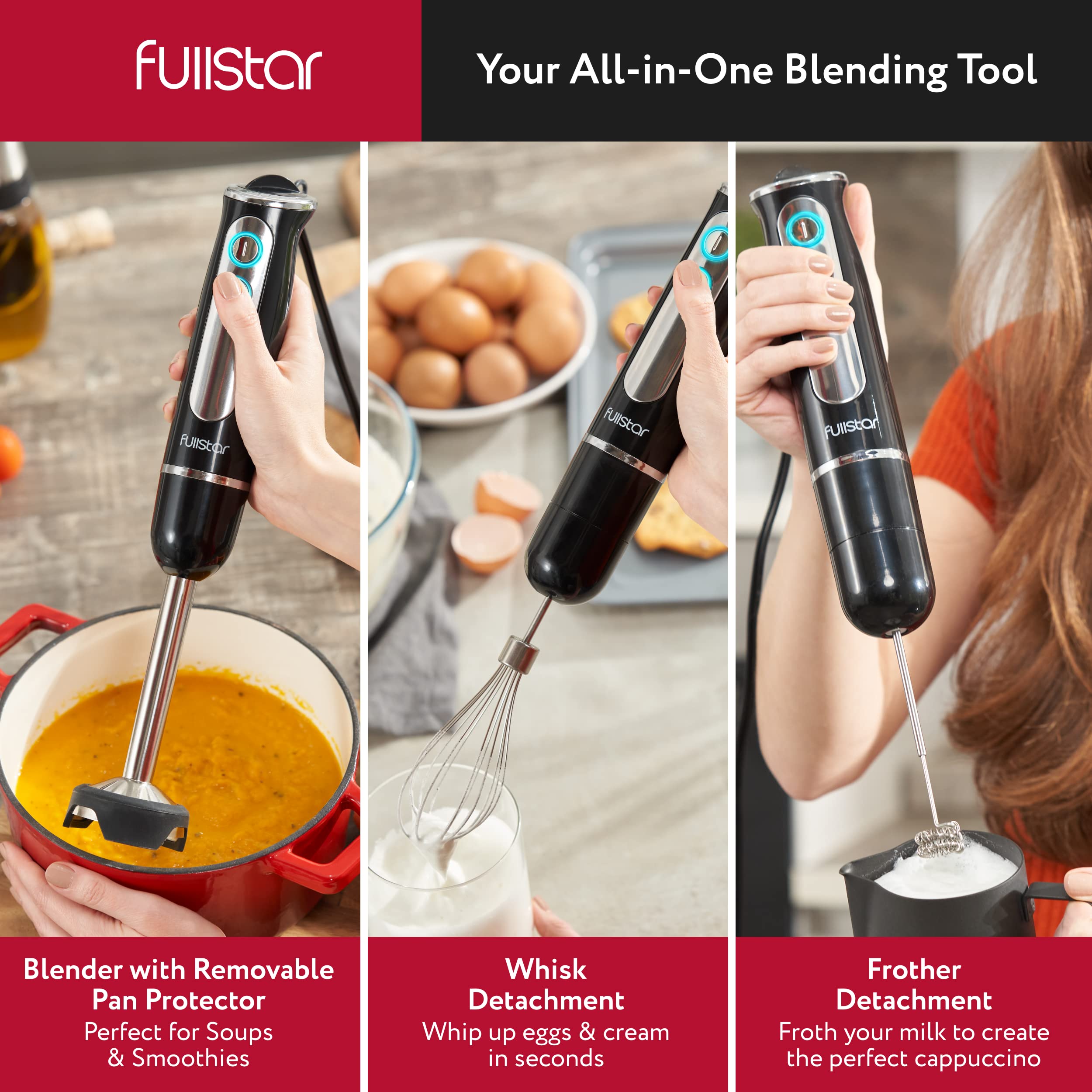 Fullstar Immersion Blender Set, 9-Speed 500W Handheld Electric Hand Mixer, Smoothie Blender (3-In-1, Black)