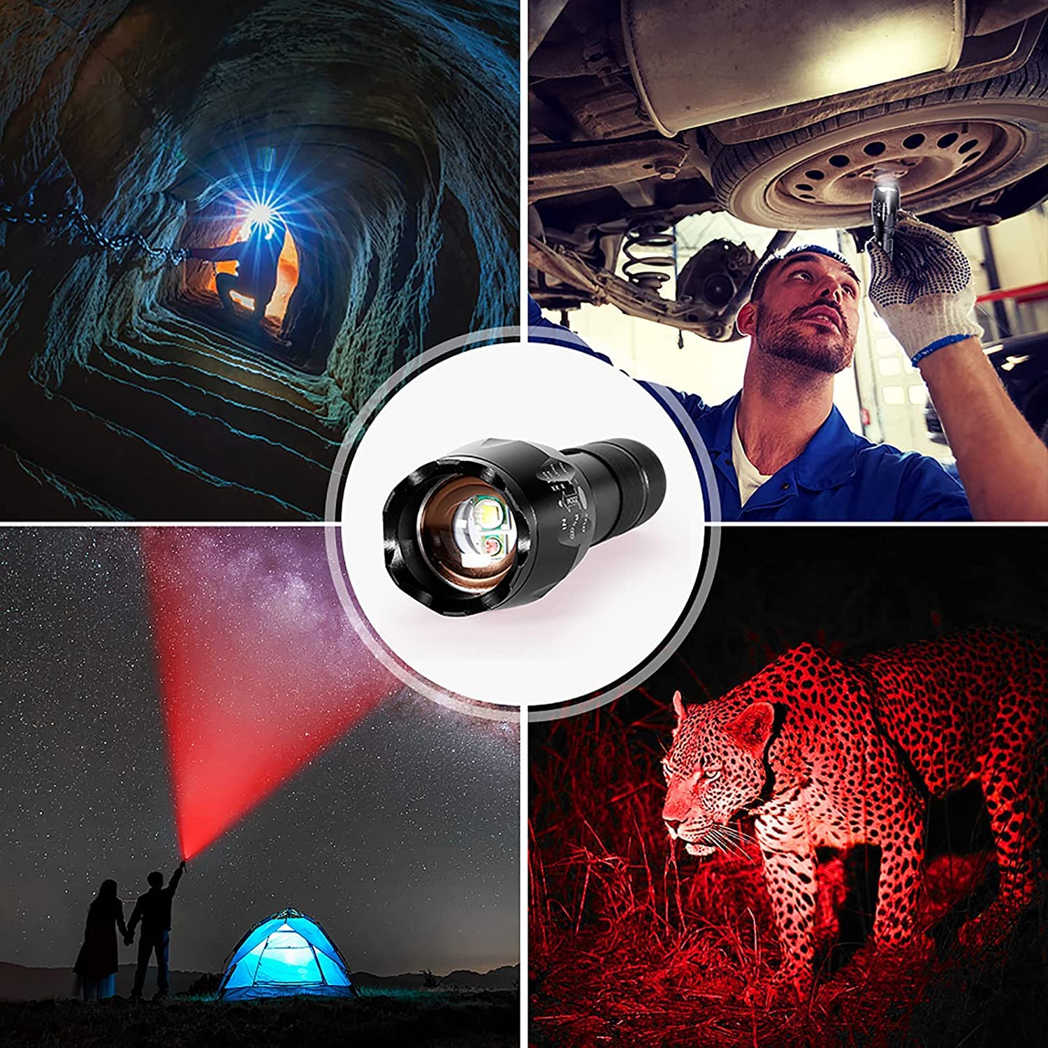 Maketheone M Red And White Flashlight, Super Bright 2In1 Handheld Led Linternas Zoomable Aluminum Alloy Torch For Camping Hiking Caving Indoor Emergencies
