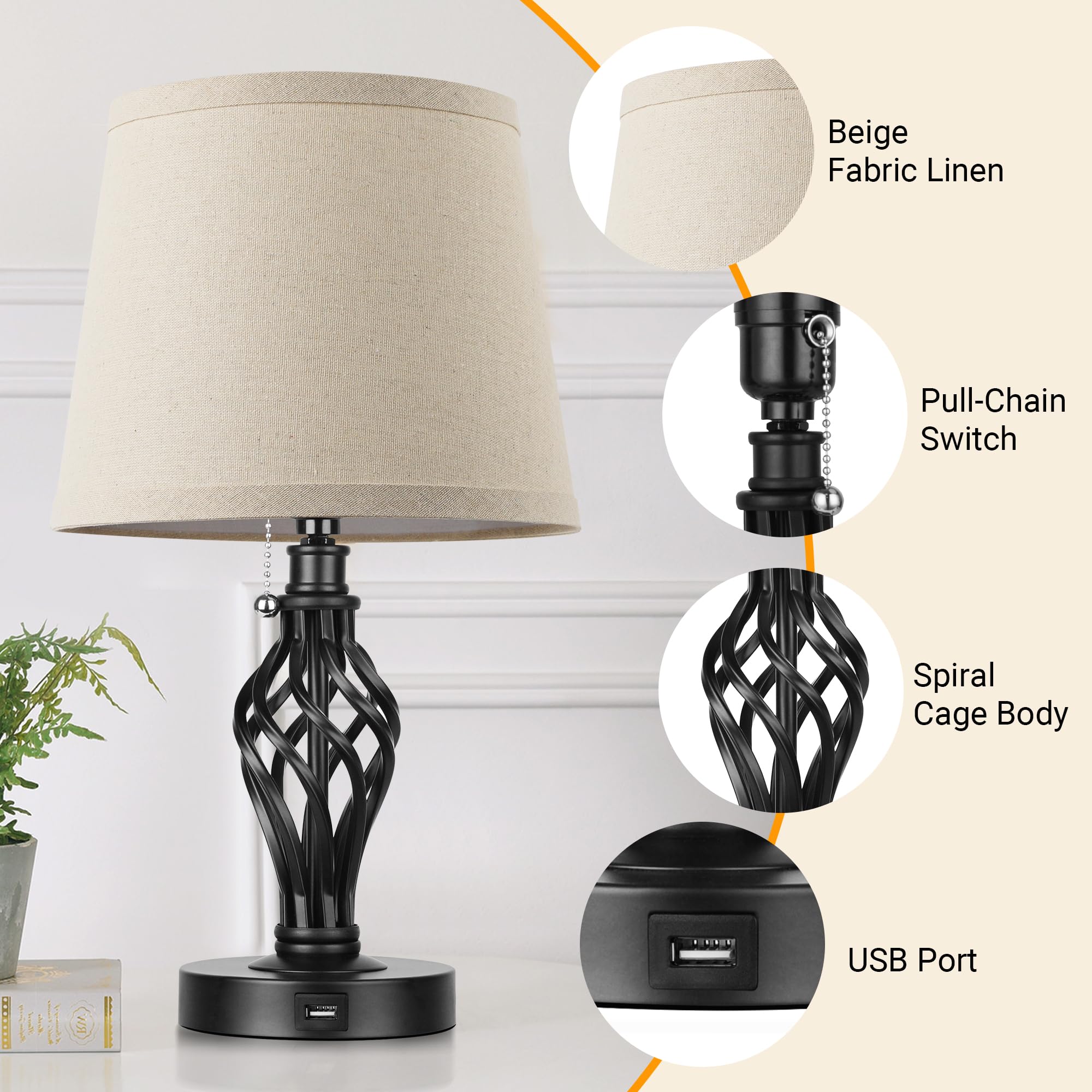 Partphoner Table Lamps Set Of 2, Farmhouse Bedside Lamps With Usb Ports, Nightstand Lamp Cream Drum Shade Spiral Cage Base Desk Lamps For Living Room Bedroom Study Room Without Bulb