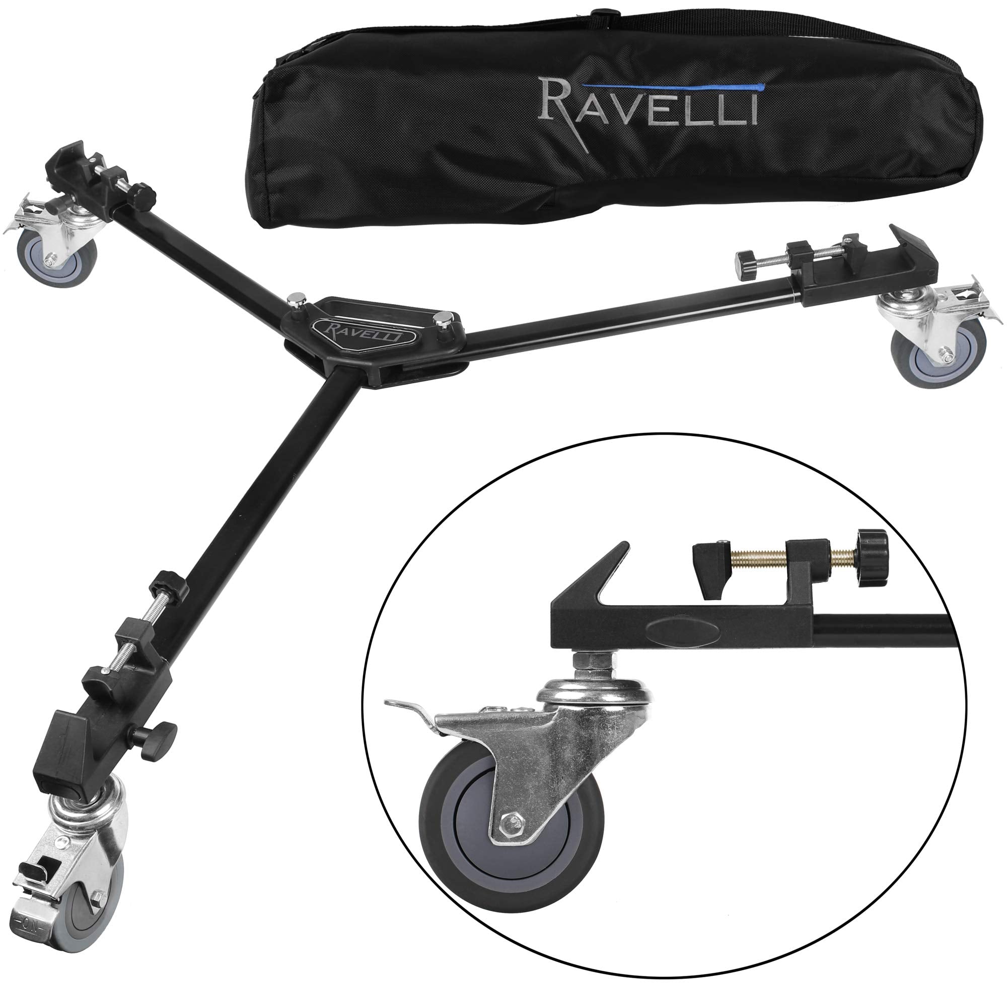 Ravelli Atd Heavy Duty Professional Photo Tripod Dolly With 3" Ball-Bearing Rubber Step-Lock Wheels Holds 45Lbs At 37" Spread With Two Section Solid Aluminum Bar Reinforced Non-Telescoping Leg Design
