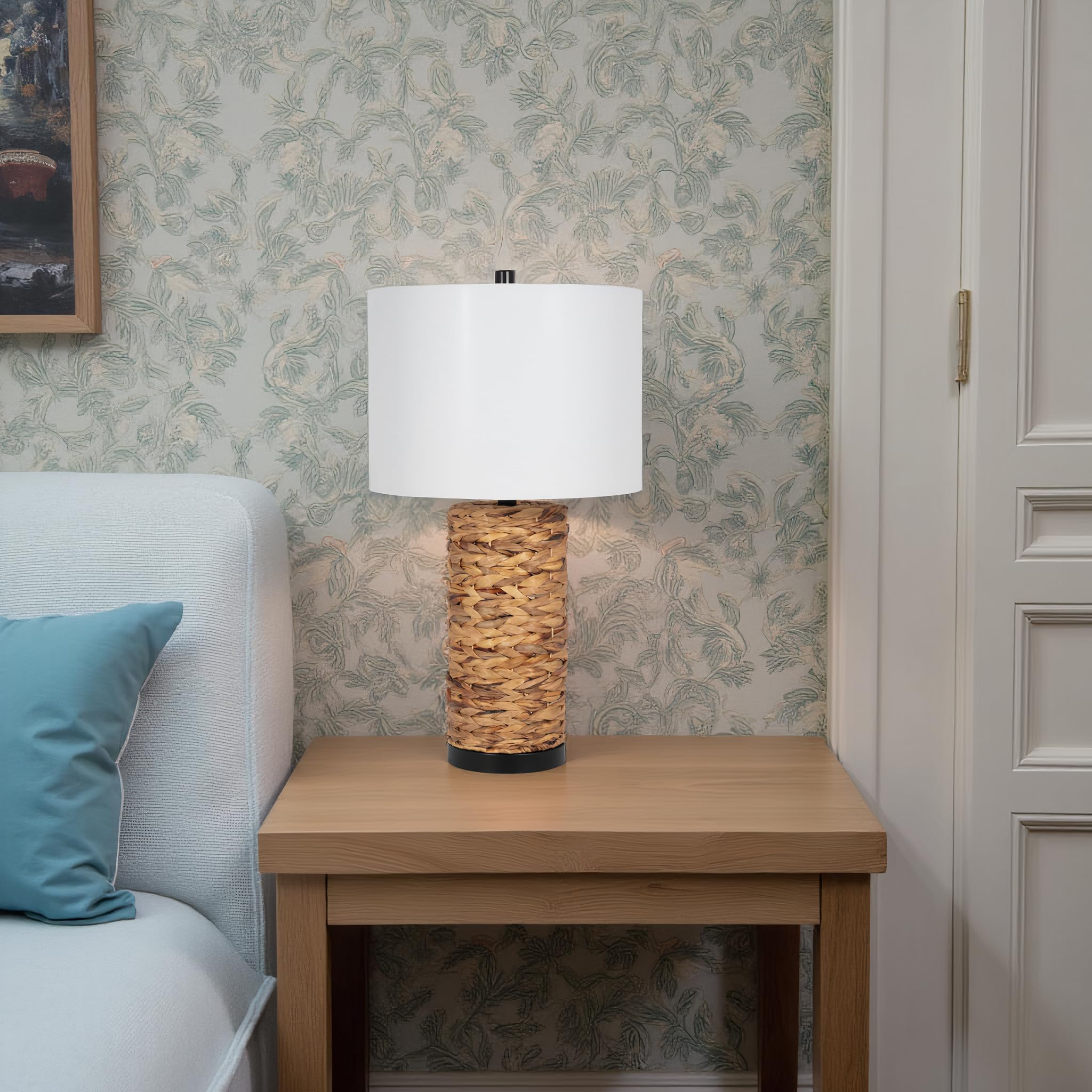 Sagebrook Home Woven Seagrass Table Lamp With Linen Shade – Rustic Coastal Design, Brown, Bedside & Desk Lamp For Bedroom, Living Room, Office, 26 Inches