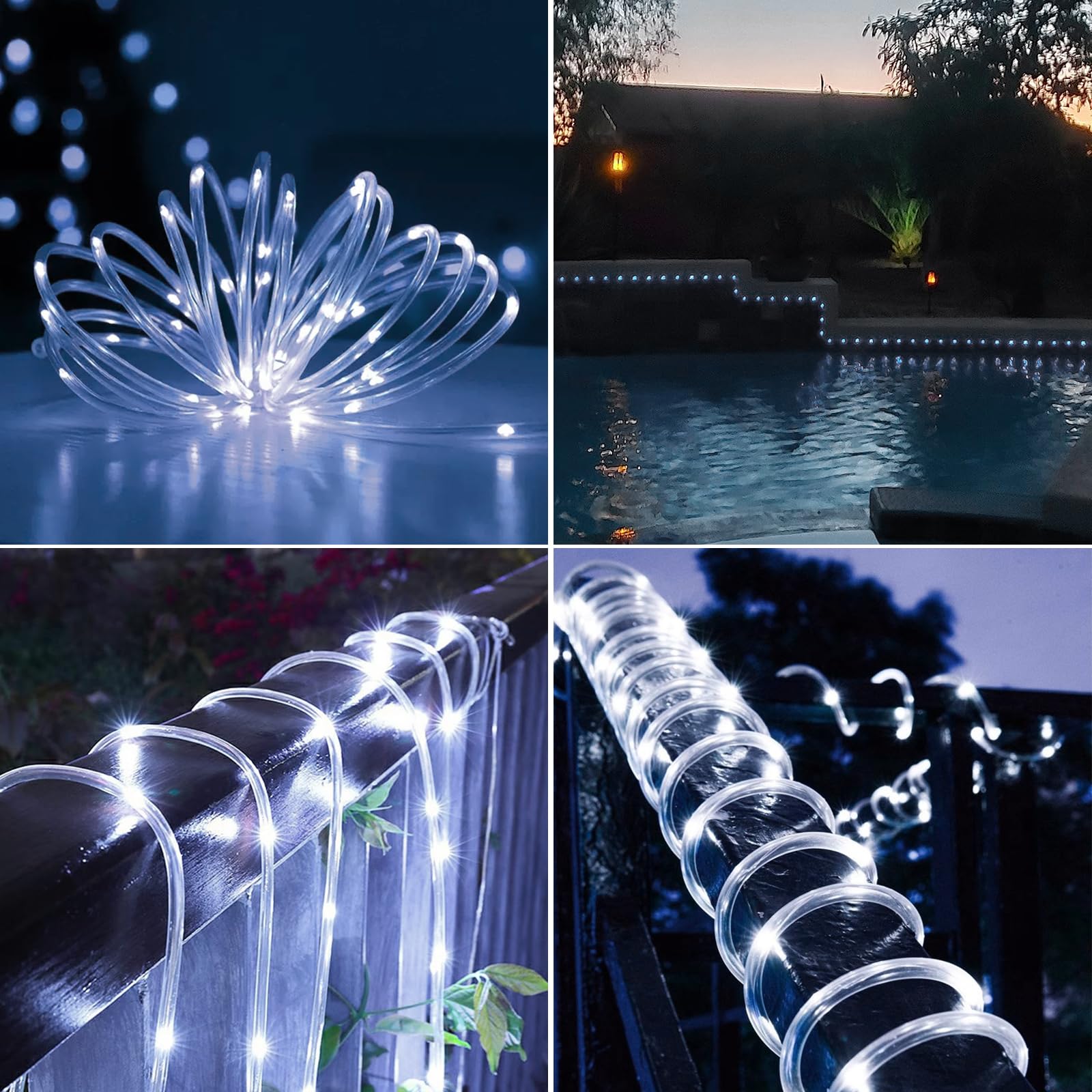 Ijg Christmas 2 Pack Solar Rope Lights Outdoor Waterproof,Each 33Ft 100 Led 8 Modes And Timer Clear Tube String Lights For Outside(White)
