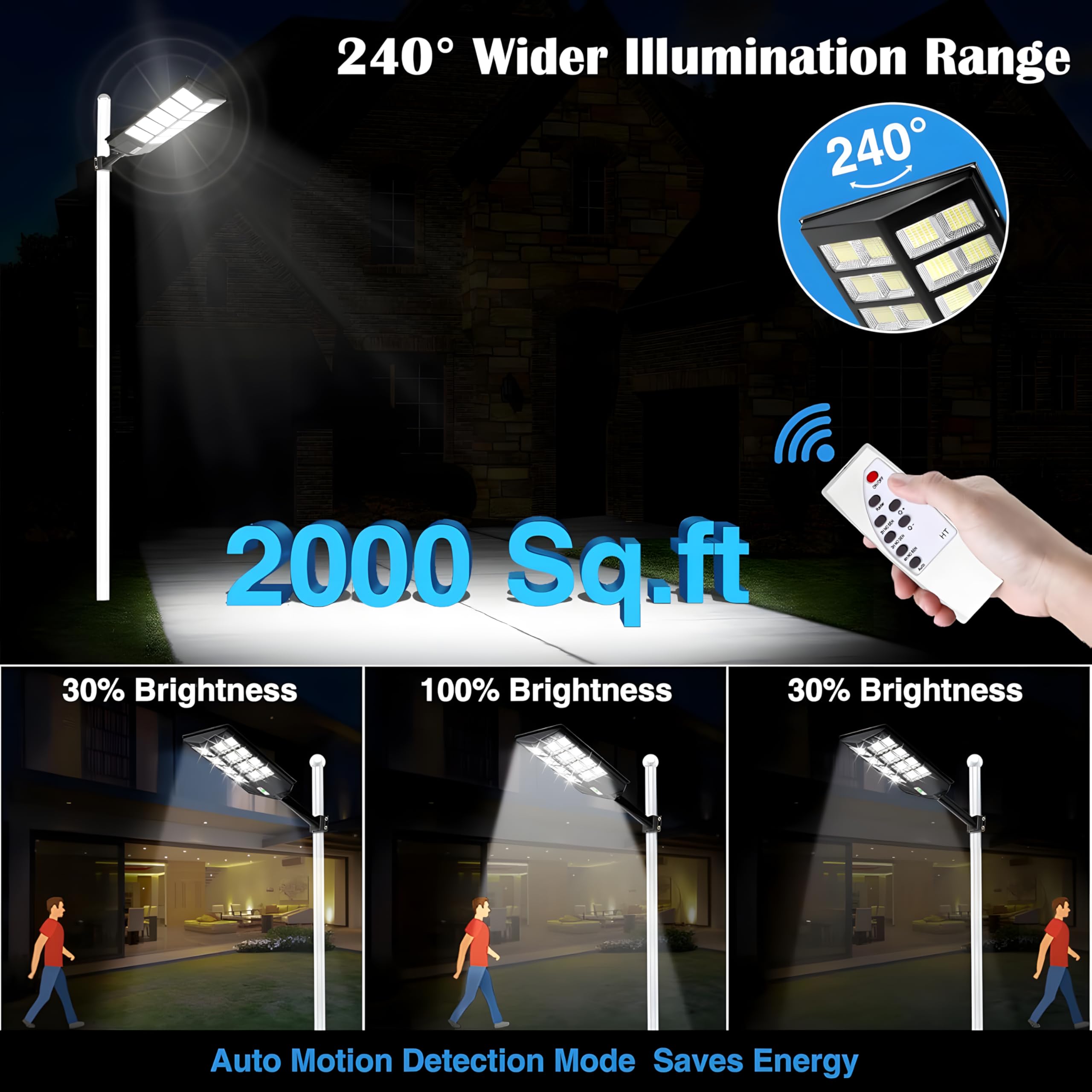 Dubom 1000-3000W Solar Street Light Outdoor, 6500K Commercial Parking Lot Lamp Dusk To Dawn, Waterproof Remote Control Solar Security Flood Light, Motion Sensor, Court Road,Path,Piazz,Driveway (1A-2000W)