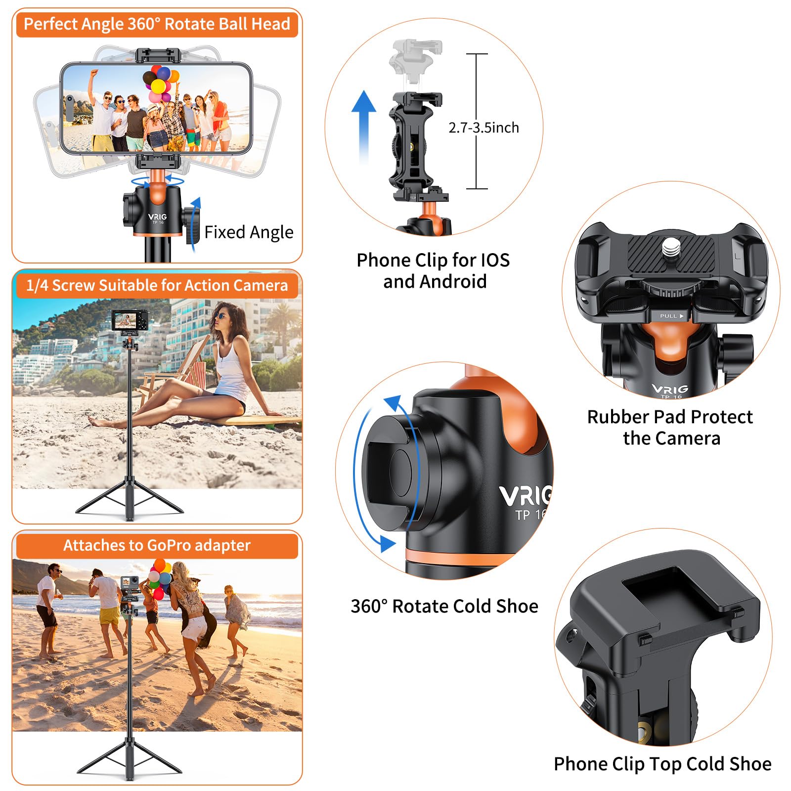 Uurig Vrig 55" Extendable Phone Tripod, 2-In-1 Selfie Stick With Phone Clip And Rotatable Cold Shoe, 360° Ball Head Portable Travel Tripods For Camera, Iphone, Action Cameras, Tp-16