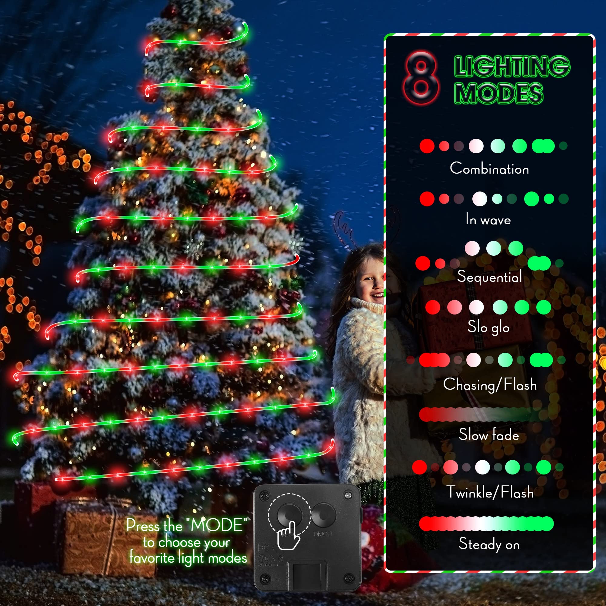 Meonum Solar Christmas Rope Lights Outdoor, 33 Ft 100 Led 8 Modes Solar String Lights, Solar Powered Waterproof Tube Lights For Christmas Tree Garden Fence Yard Party Outdoor (Red, Green,4 Pack)