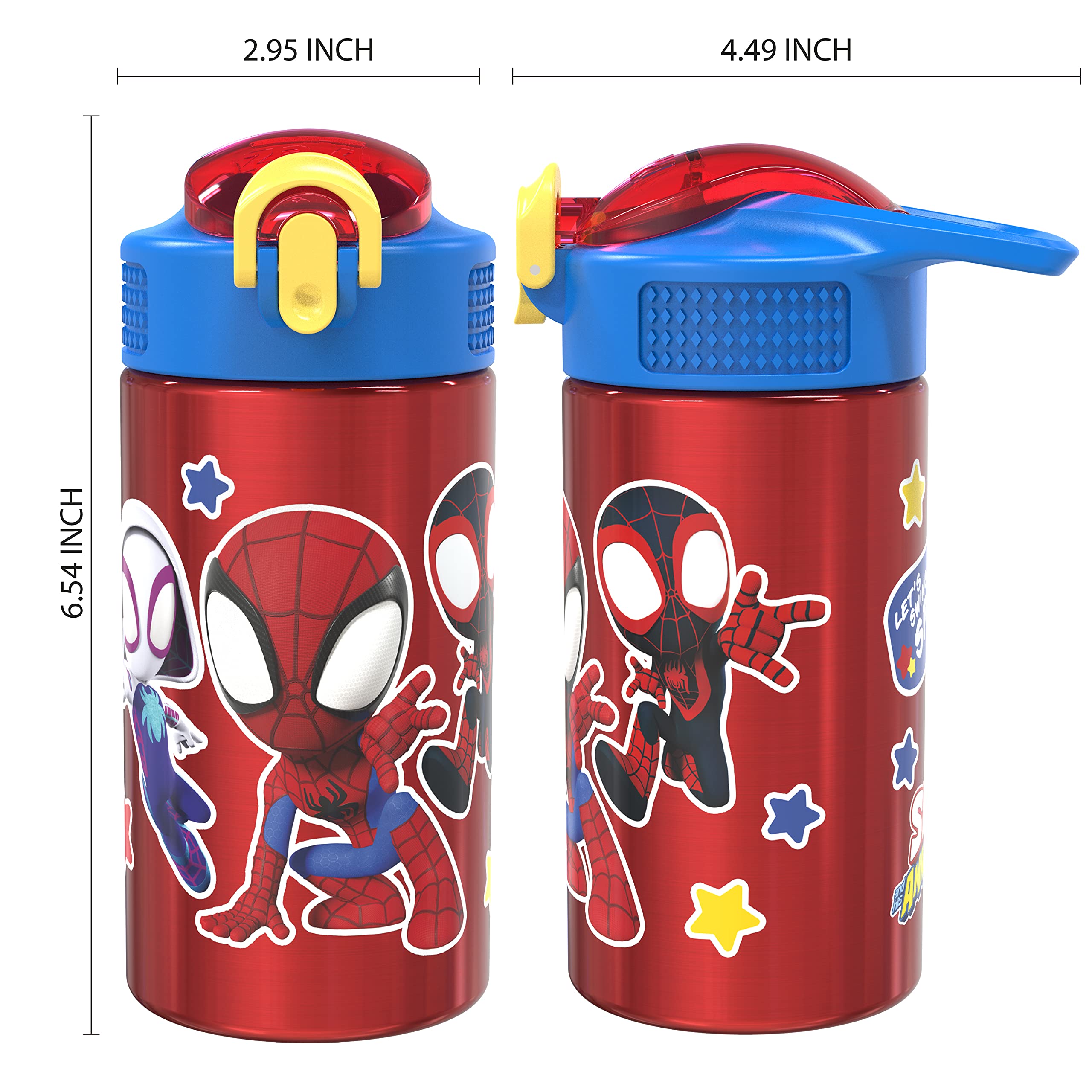 Zak Designs Marvel Spider-Man 18/8 Single Wall Stainless Steel Kids Water Bottle, Flip Straw Lockin