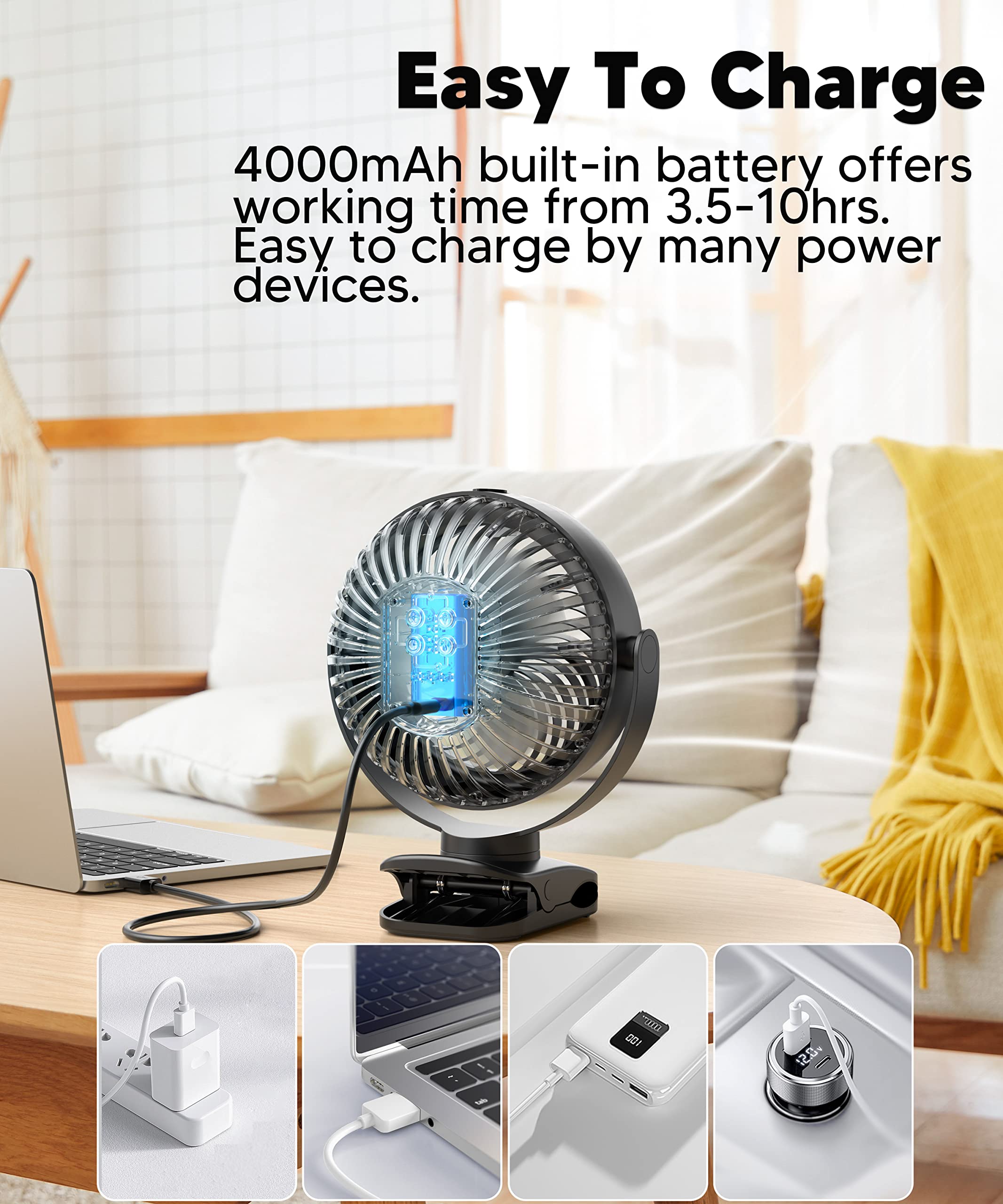 Tyzu 7" Portable Cooling Misting Fan 4000Mah Rechargeable Battery 130Ml Tank Outdoor Clip-On 4 Speed
