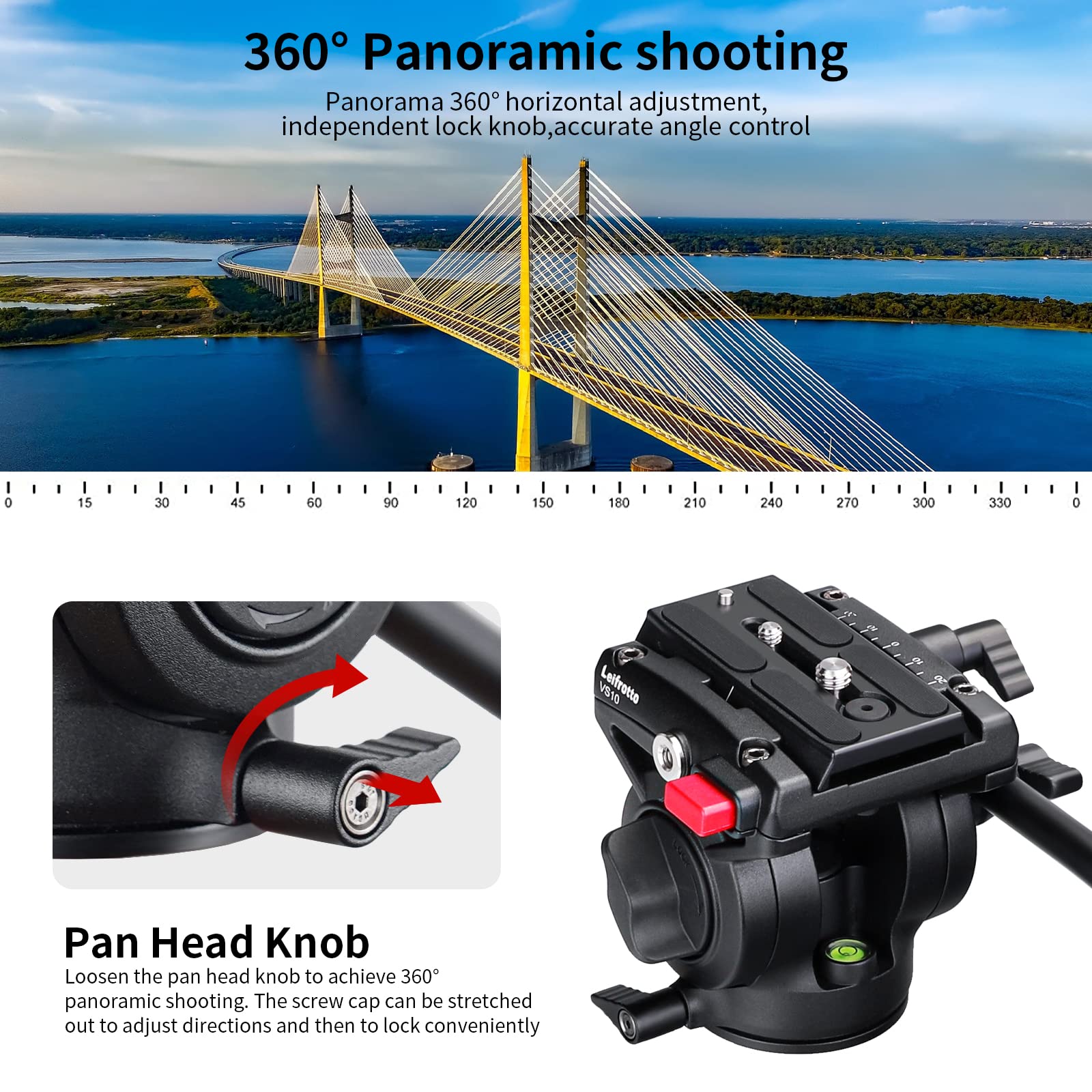 Leifrotto Tripod Head For Video Dslr Camera, Heavy Duty Fluid Head Tripod With Quick Release Plate, Max Load 22 Pounds,1/4 To 3/8 Connection, Supports Tripods, Monopods Connections Vs10