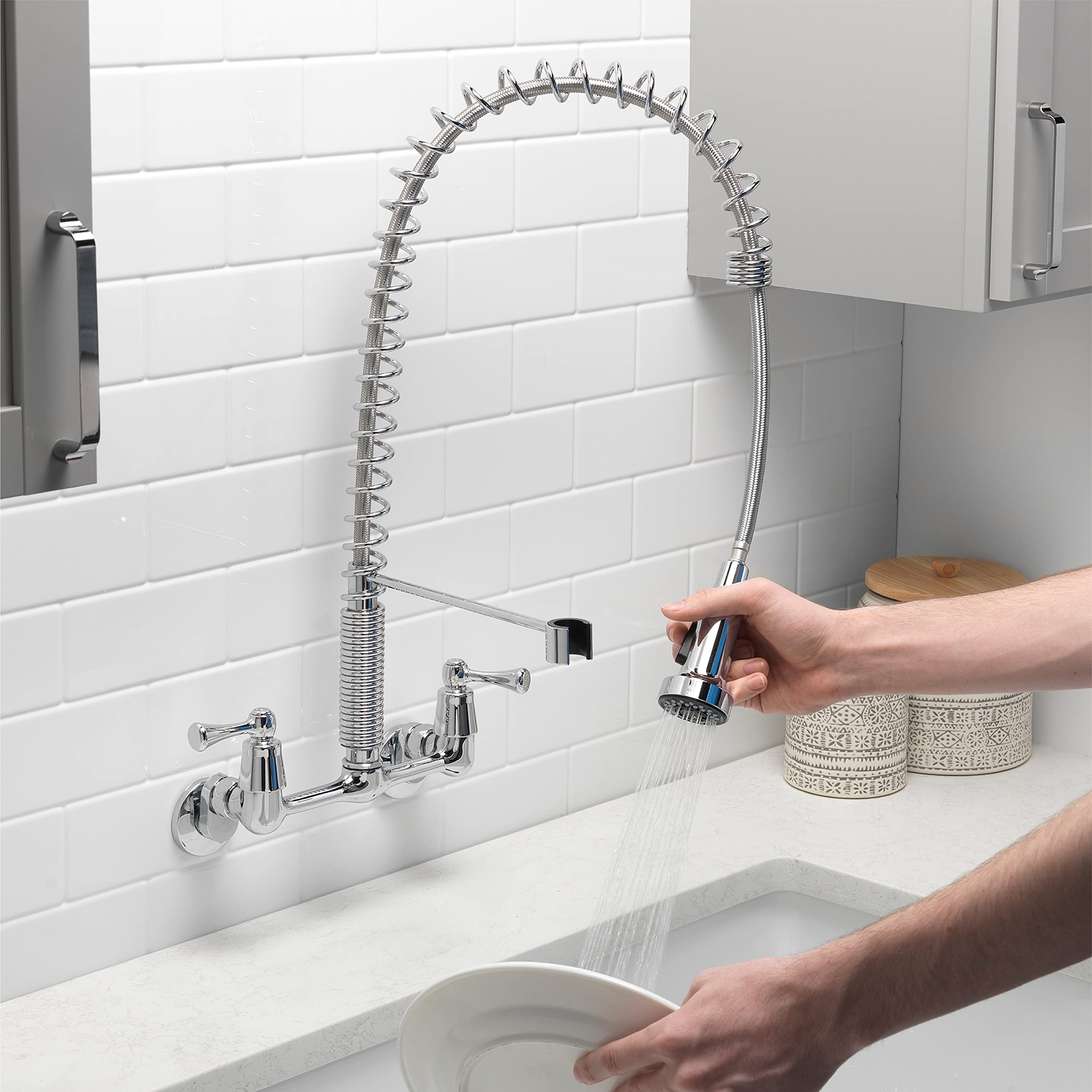Tosca 255-K821-T Dual Handle Commercial Style Wall Mount Kitchen Faucet With Pull Down Nozzle - Chrome