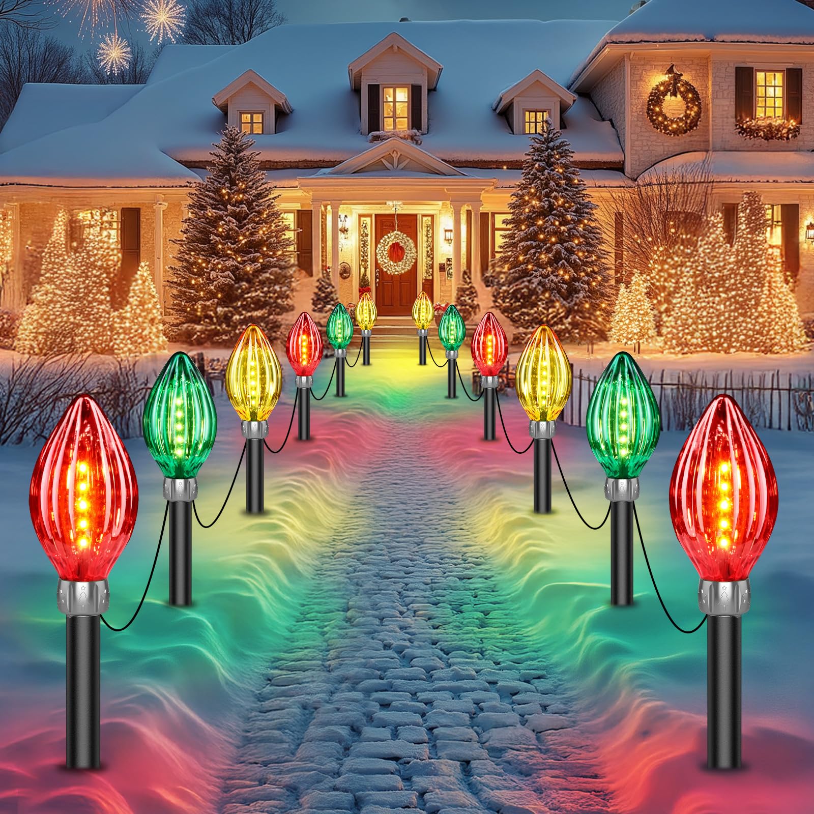 Neemo 12 Pack Jumbo C9 Christmas Lights - 44 Ft Extra Long String Lights With 60 Led Solar Powered, Waterproof Outdoor Decorations For Pathway & Yard