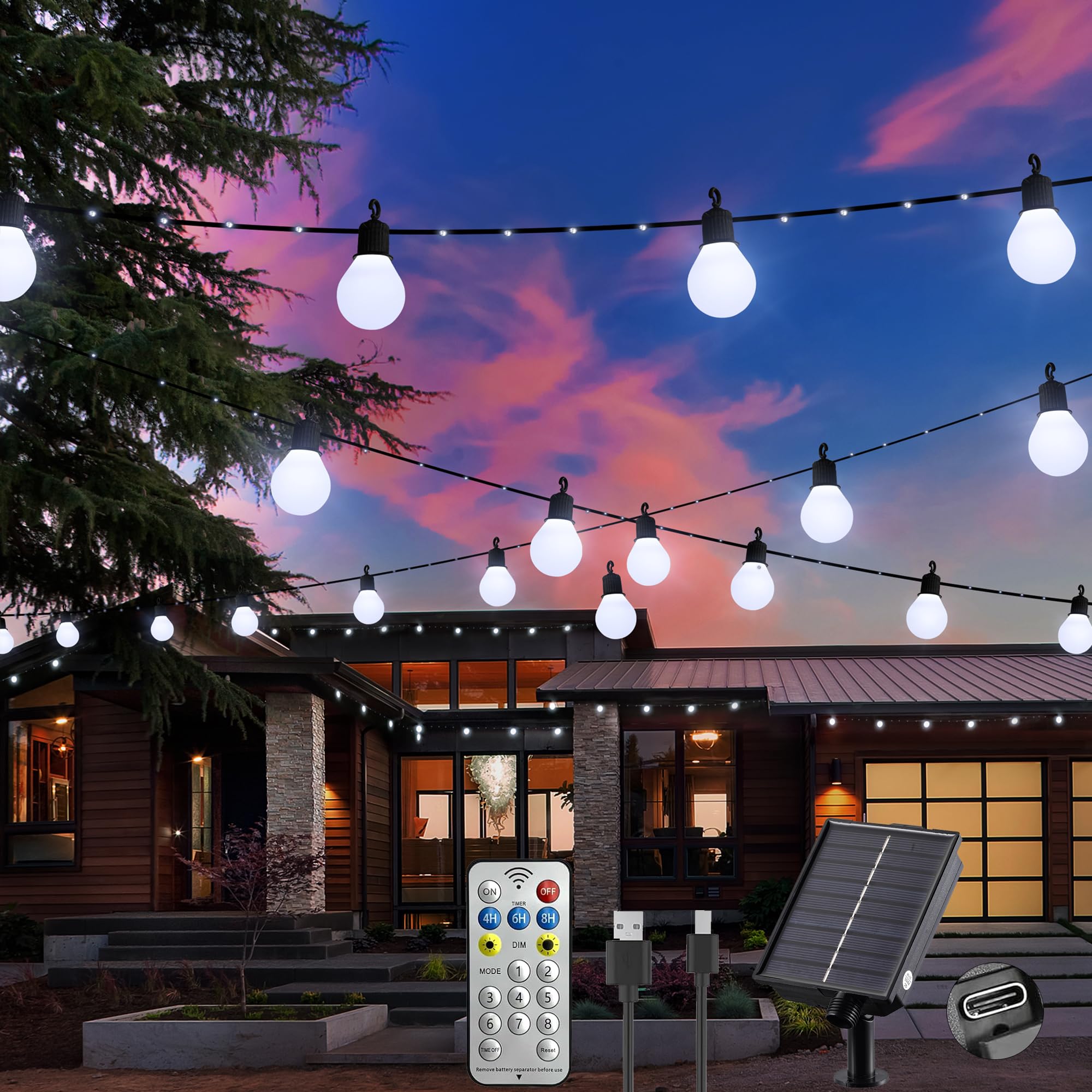 Merrimax M Solar String Lights Outdoor, 26Ft Waterproof Solar Lights With Remote, 16 G50 Bulbs Solar Powered Light With Timer 8 Modes For Outdoor Indoor Garden Patio Balcony Holiday (White)