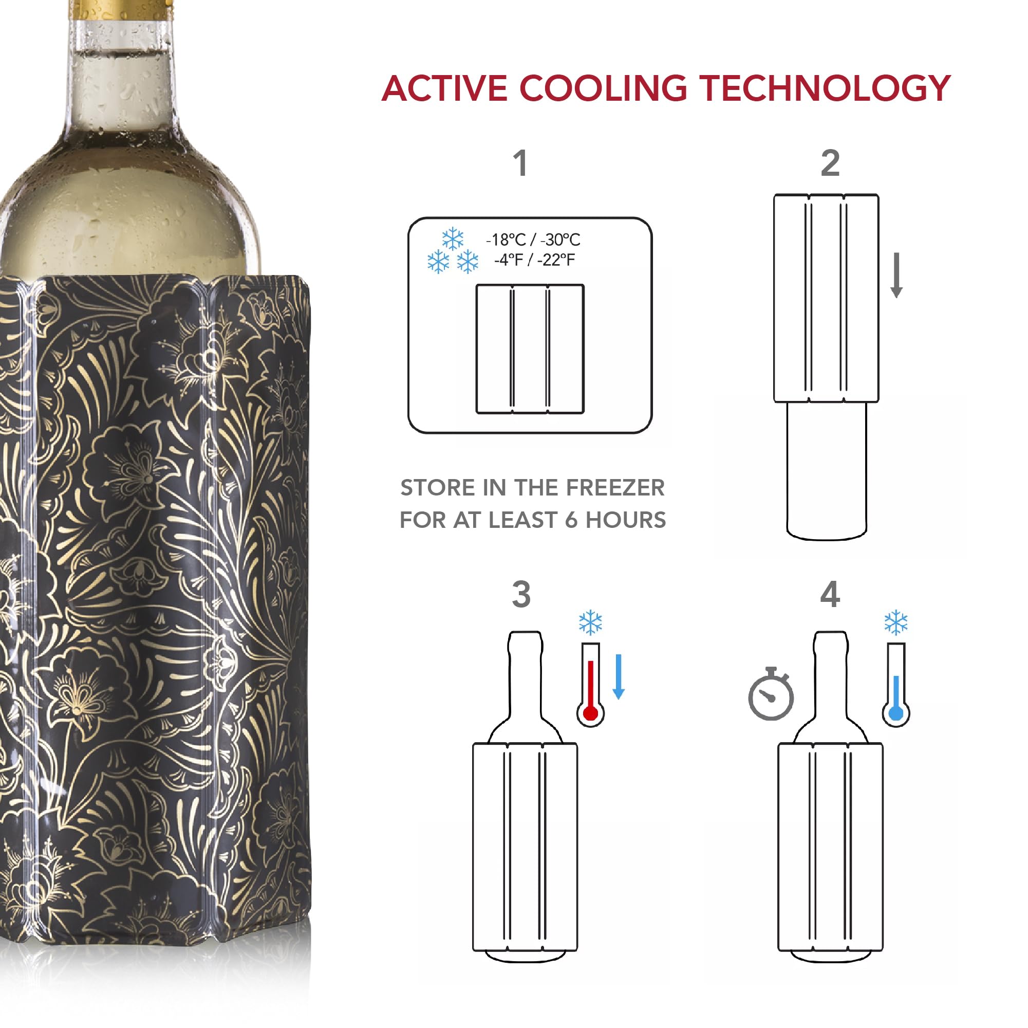 Vacu Vin Active Wine Cooler - Flexible Insulated Chiller For Standard Size Bottles - Keeps Drinks