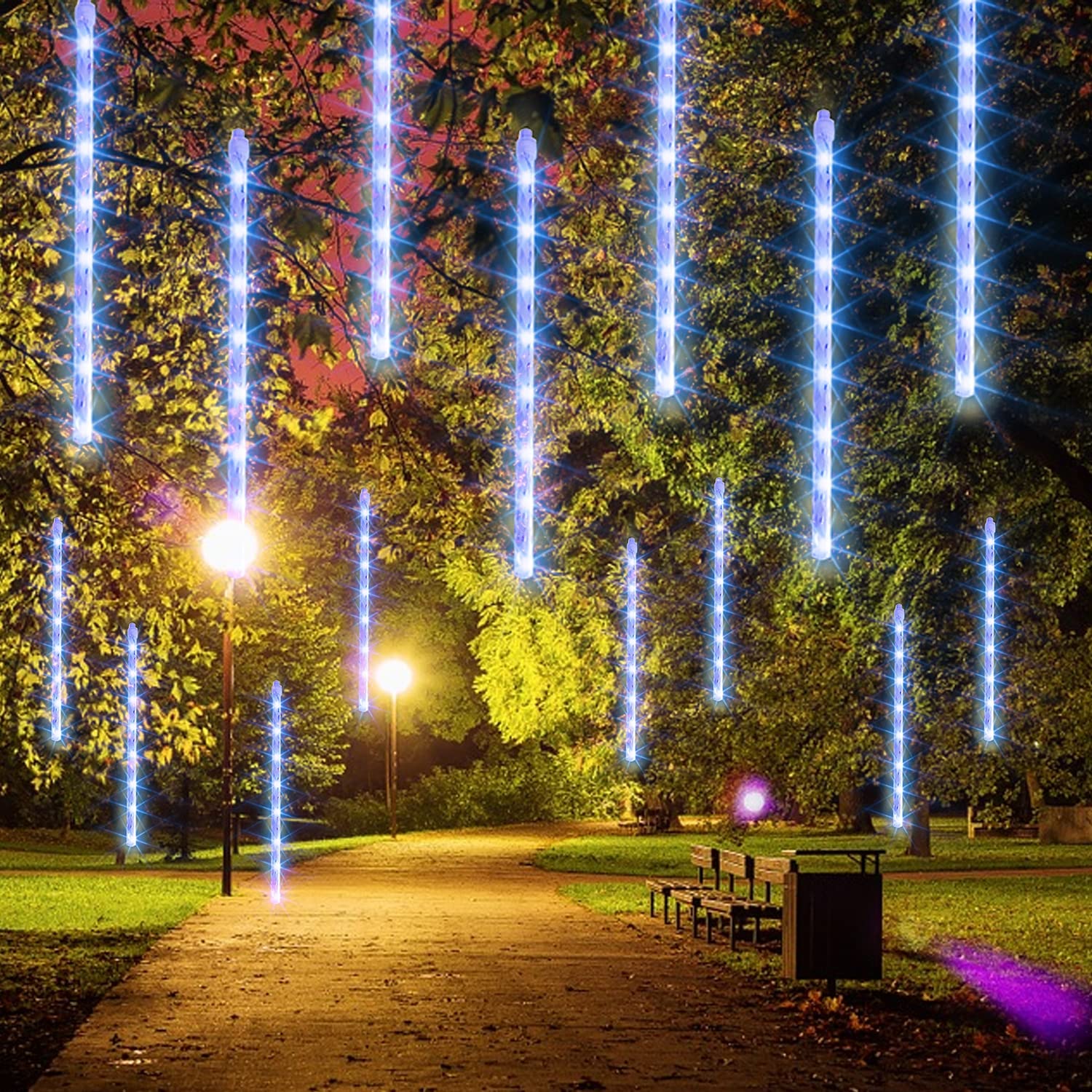 Dazzle Bright Christmas Lights Outdoor, 288Led Meteor Shower Rain Lights 12 Inch 8 Tubes, Waterproof Plug In Falling Icicle Light Christmas Decorations For Xmas Tree Yard House Decor (Blue)