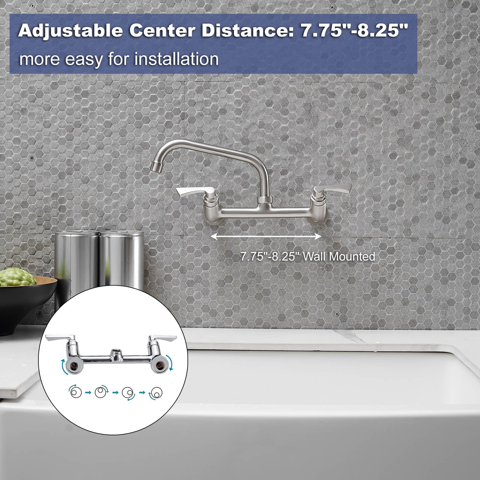Bathfinesse Wall Mount Faucet, Commercial Kitchen Sink Faucet Brass With 8 Inch Swivel Spout 8" Center Adjustable 2 Handle Utility Sink Faucets, Brushed Nickel