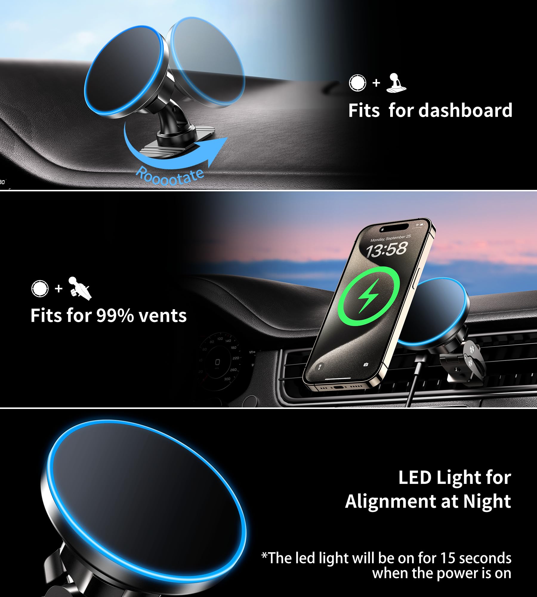 Bhhb For Iphone 16 Magsafe Car Mount Charger, [ ] 15W 2In1 Magnetic Wireless Car Charger, Fits For Magsafe Car Charger, Vent/Dashboard Phone Holder Mount For Iphone 16 15 14 13 12 Series
