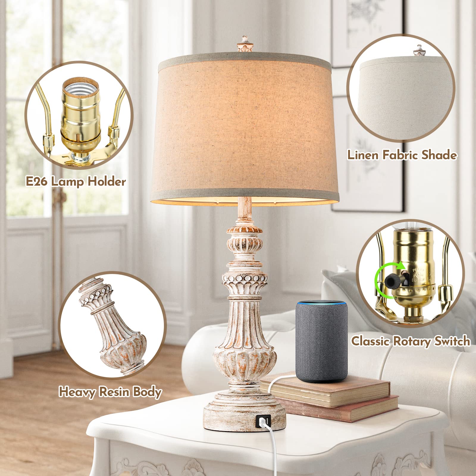 Bosceos Tall Table Lamps Set Of 2, 28” Vintage Table Lamps With Dual Usb Ports, Resin Bedside Lamps With Rotary Switch, Nightstand Lamps With E26 Base, Desk Lamp With Fabric Shade For Living Room Bedroom