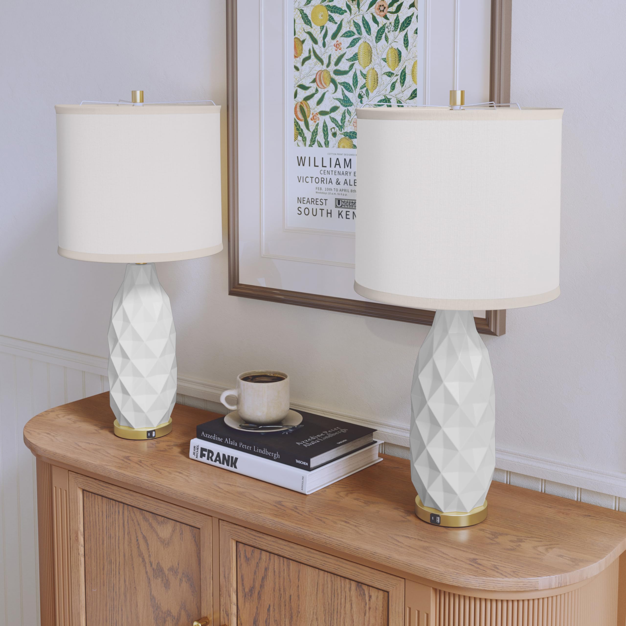 Mrojisc Table Lamps Set Of 2 With 2 Led Bulbs & Usb Charging Port, Bedside Lamps For Night Stands, 3-Way Dimmable Modern Side Table Lamp Set, Desk Lamp For Living Room, Bedroom, Entryway, Prism, White