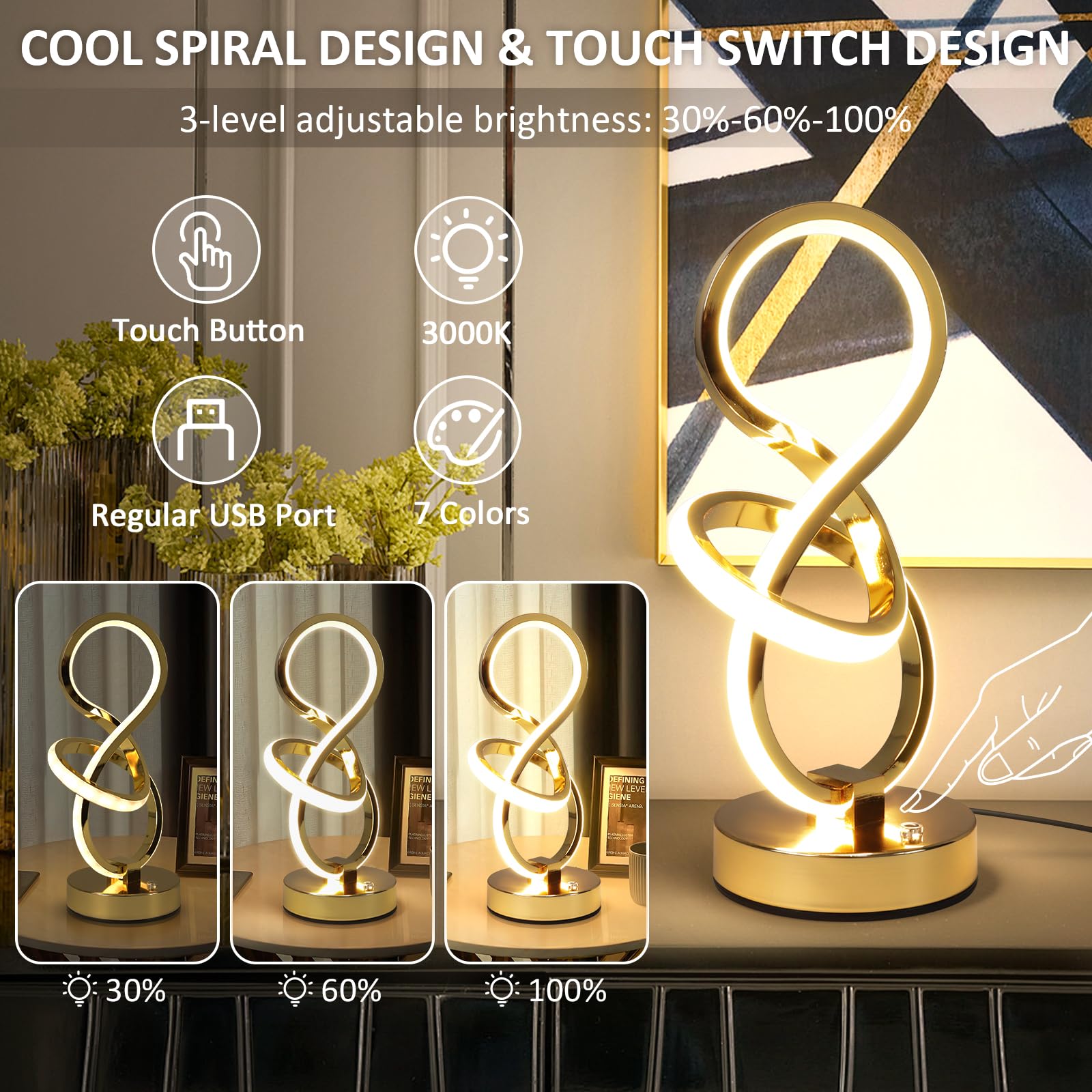 Eidearay Modern Spiral Table Lamp, 7 Colors 10 Light Modes Led Nightstand Small Lamp With Usb C+A Ports, Touch Dimmable Lamps For Living Room Bedroom Bedside, Unique & Cool Lamps,Gold