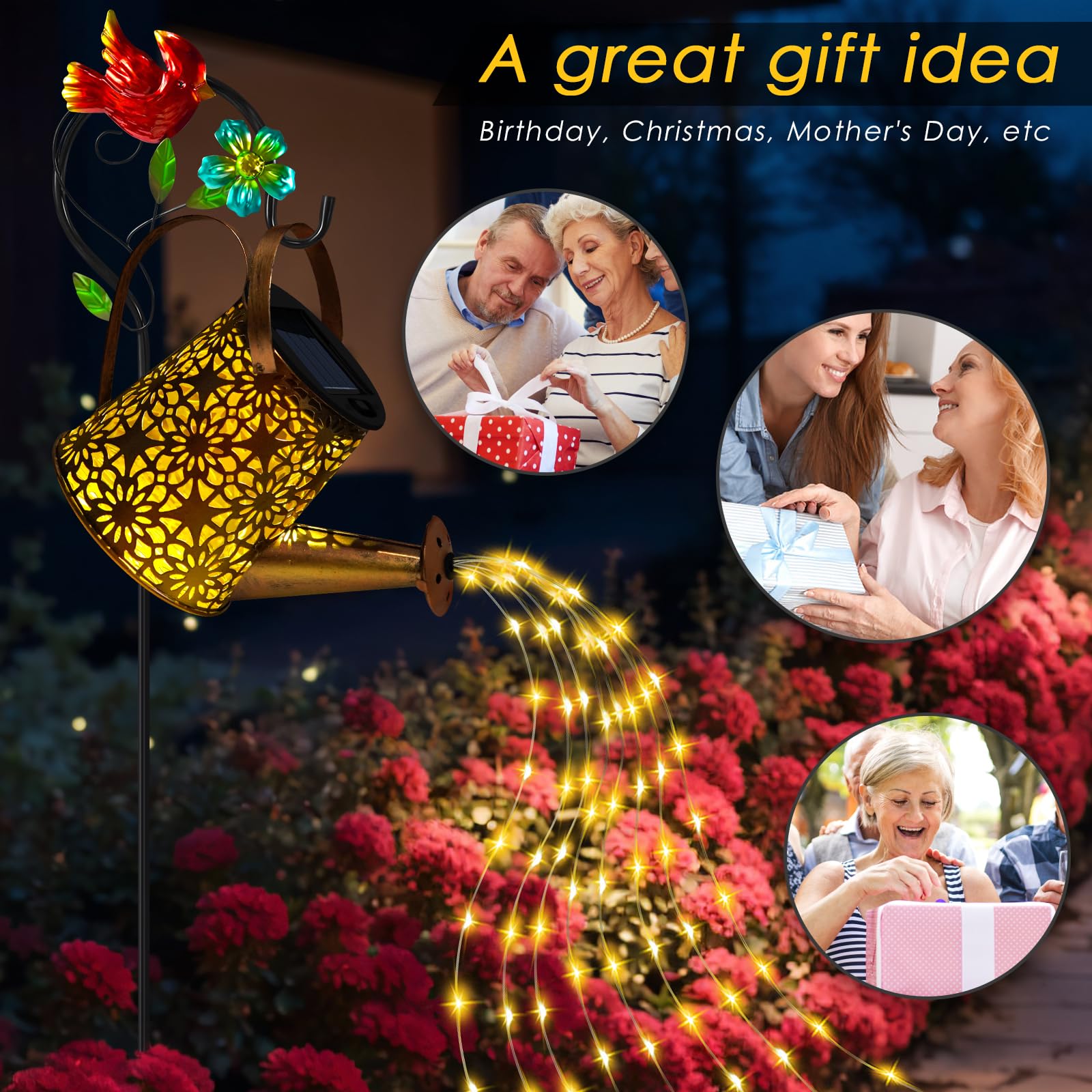 Edof Solar Lights Outdoor Garden Decor,Solar Watering Can With Cascading Lights,Fairy Gardening  For Birthday Women Mom Grandma,Watering Can Lights With Cardinal Shepherd Hook For Outside Pathway Yard