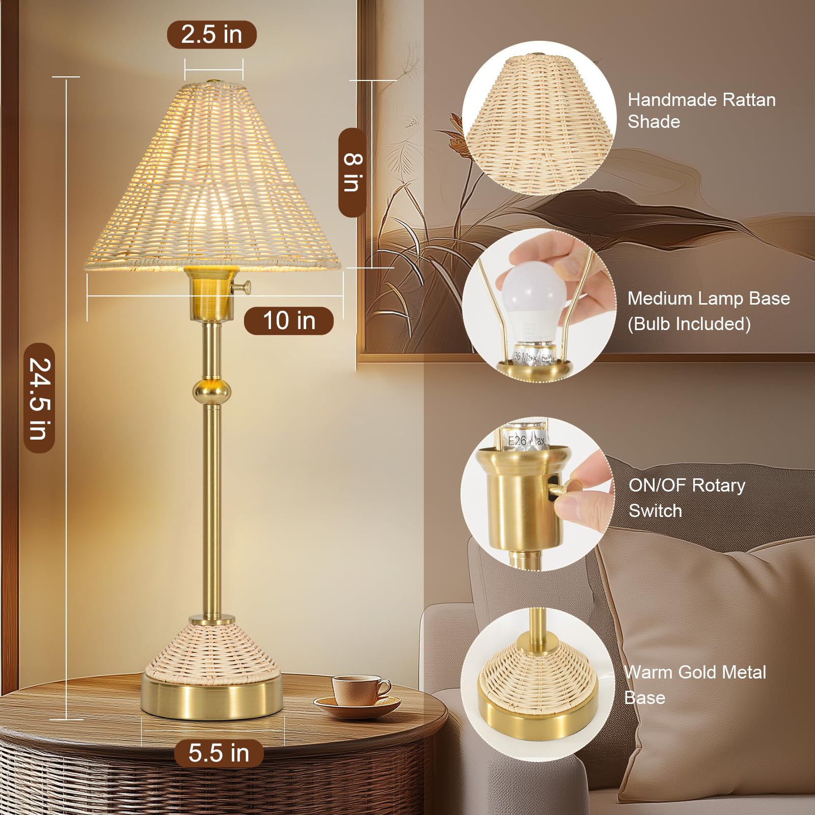 Kivditzo 24.5" Rattan Table Lamp For Living Room, Rustic Gold Table Lamp With Lvory White Rattan Shade For Nightstand, Rotary Switch Bedside Lamp, Farmhouse Lamp For Reading Bedroom Office(Bulb Included)