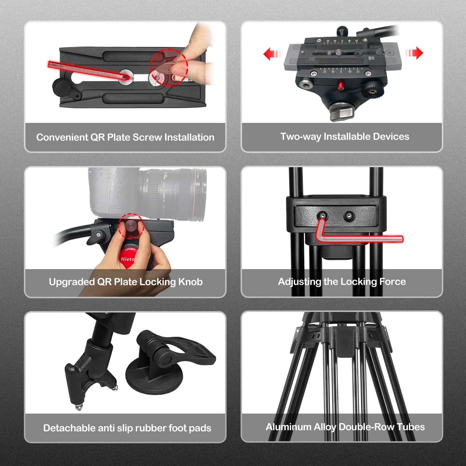 Nietoto 72"/183Cm Video Tripod Heavy Duty Tripod With 360° Fluid Head, Professional Aluminum Tall Camera Video Tripods Compatible With Canon Nikon Sony Dslr Camera Camcorder Telescope Bnoculars (Load 33Lb)