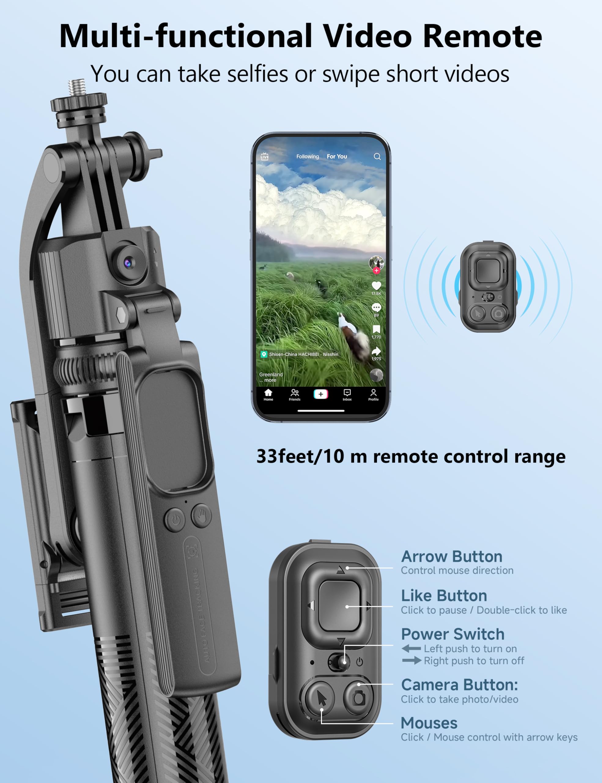 Qirita 64'' Auto Face Tracking Tripod 360 Rotation With Stand, Handheld Stabilization, Aluminum Quadrapod Selfie Stick Phone Tripod With Remote Compatible With Iphone, Android For Tiktok, Live Streaming