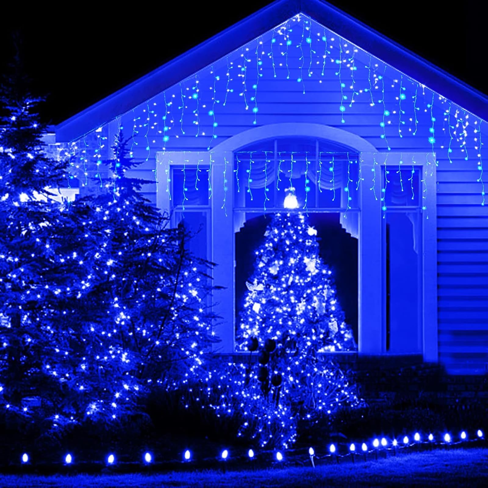 Kiflytooin Solar Christmas Lights Outdoor Waterproof Christmas Decorations Curtain Lights 320Led 29.5Ft 60 Drops, Solar Powered Rechargeable Fairy Lights For Party, Wedding, Home Decorations(Blue)