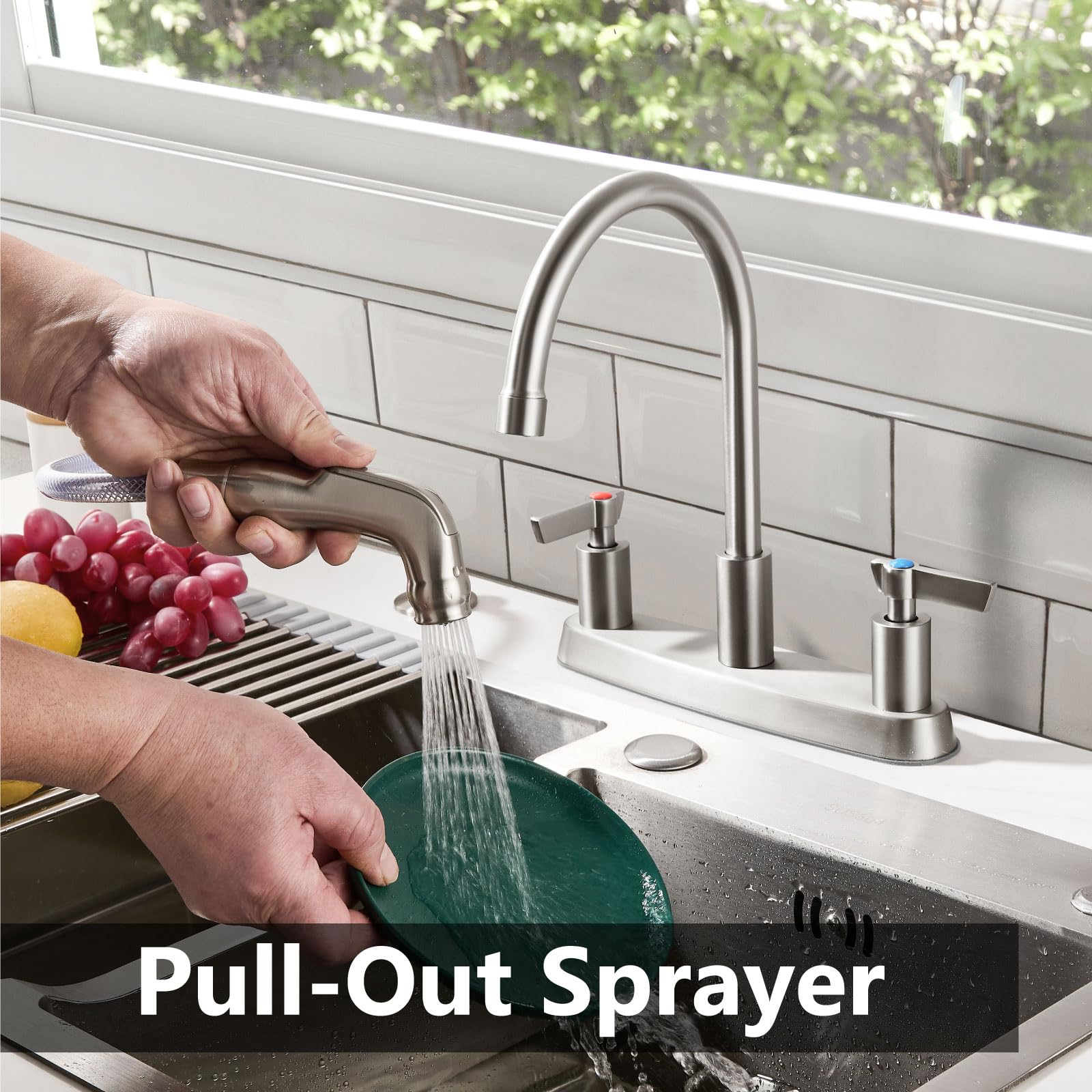 Gbbne Kitchen Faucet With Sprayer 2 Handle Kitchen Sink Faucets 8 Inch Centerset 3 Hole With Supply Lines Brushed Nickel