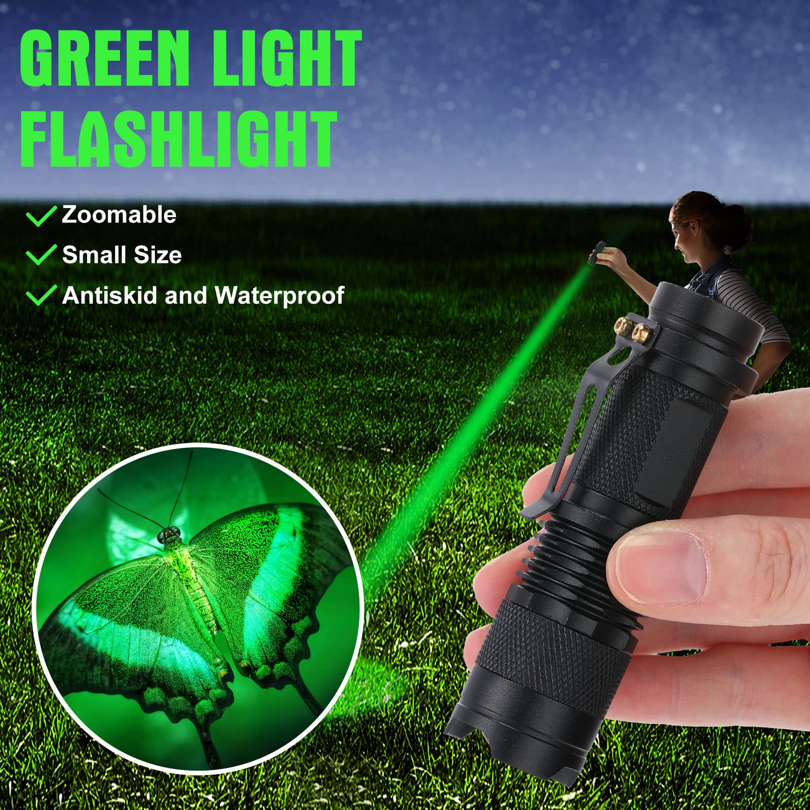 Honoson 4 Packs Hunting Light Flashlights Led Torch With 3 Modes Led Zoomable Scalable Light Flashlight Torch For Fishing Hunting Night Observation, Batteries Not Included(Green)