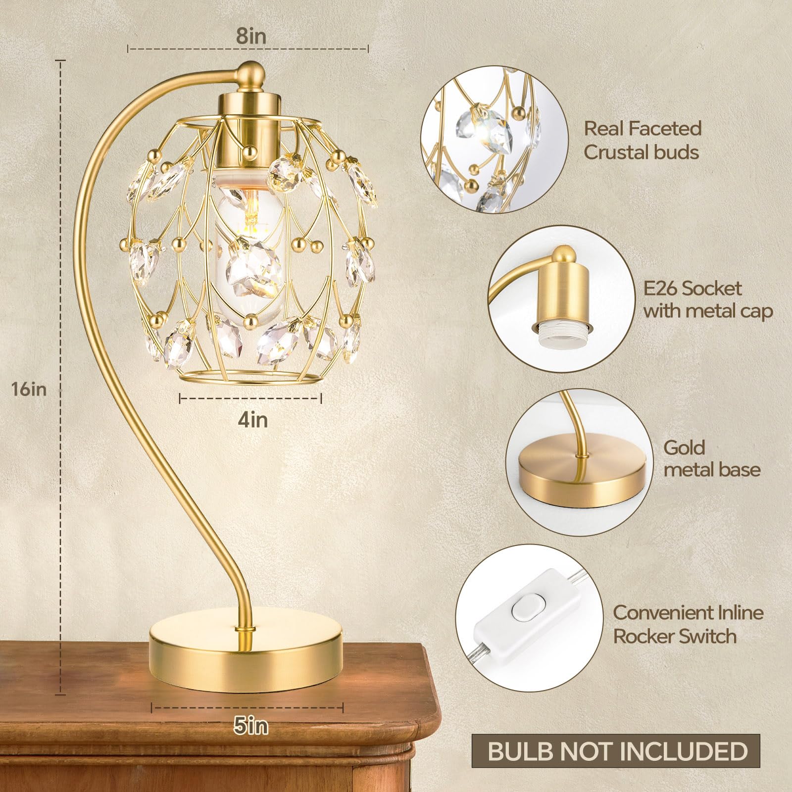 Dggdome Crystal Table Lamps For Living Room, Gold Crystal Bedside Lamp, Modern Nightstand Lamps For Bedroom Home Office, Elegant Decorative Gold Desk Lamps For Girls Room, Single