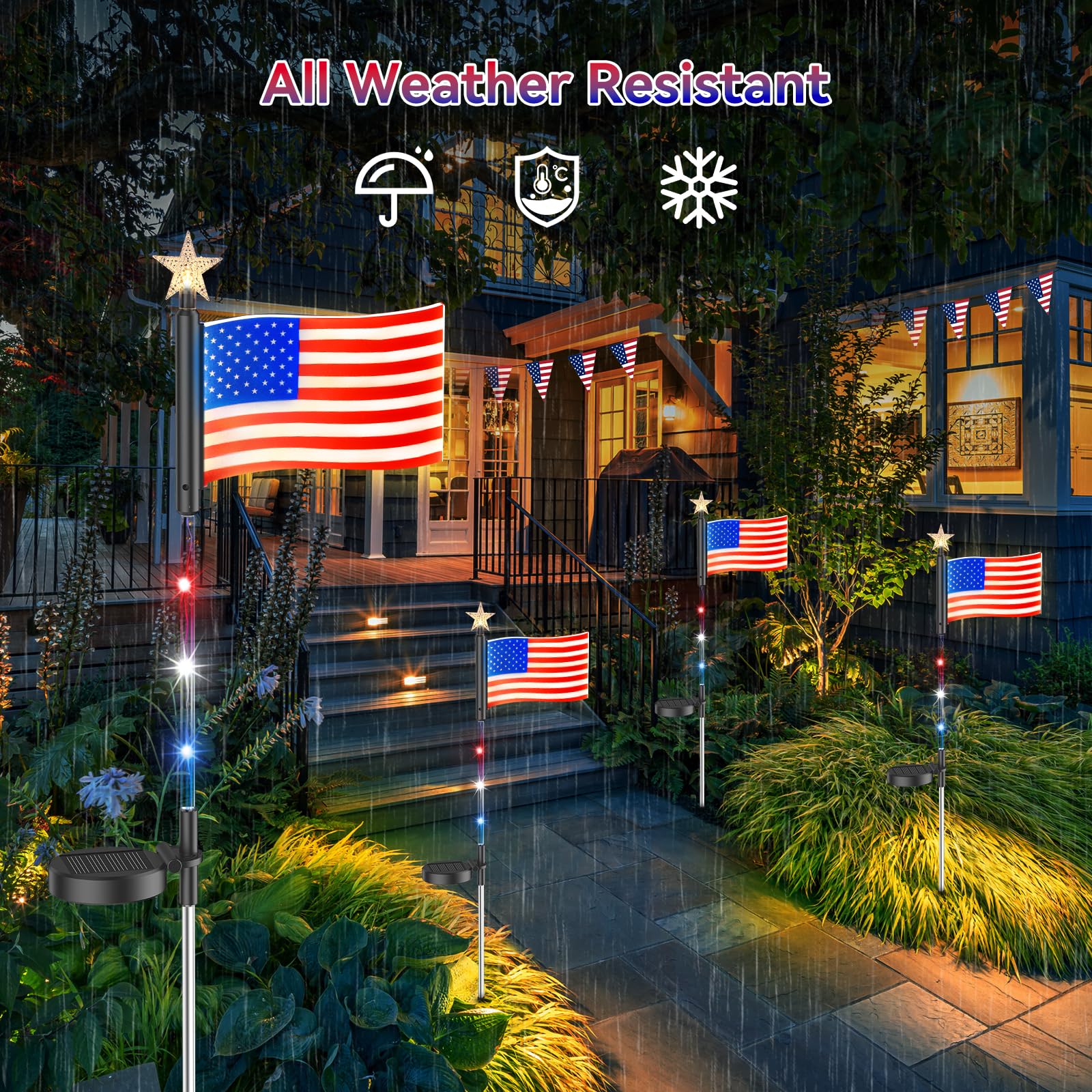 E-Kong 4 Pack Led American Flags Solar Lights, Glowing Acrylic Solar American Flags Outdoor Waterproof, Red White Blue Lights With 12 Led, Long Lasting American Flags Solar Lights For Outside