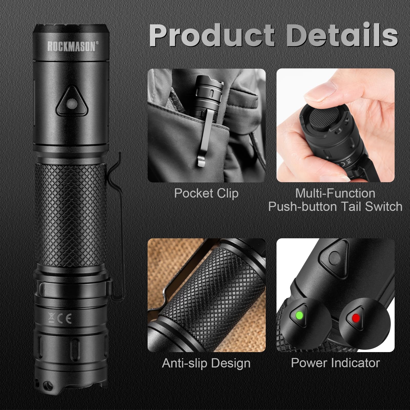 Rockmason Rm-F3 Edc Flashlight High Lumens, Ip68 Waterproof Flash Light, Rechargeable Flashlights For Home, Outdoor, Exploration, Hiking, Camping, Rescue, Hunting, Cycling, Hurricane Emergency