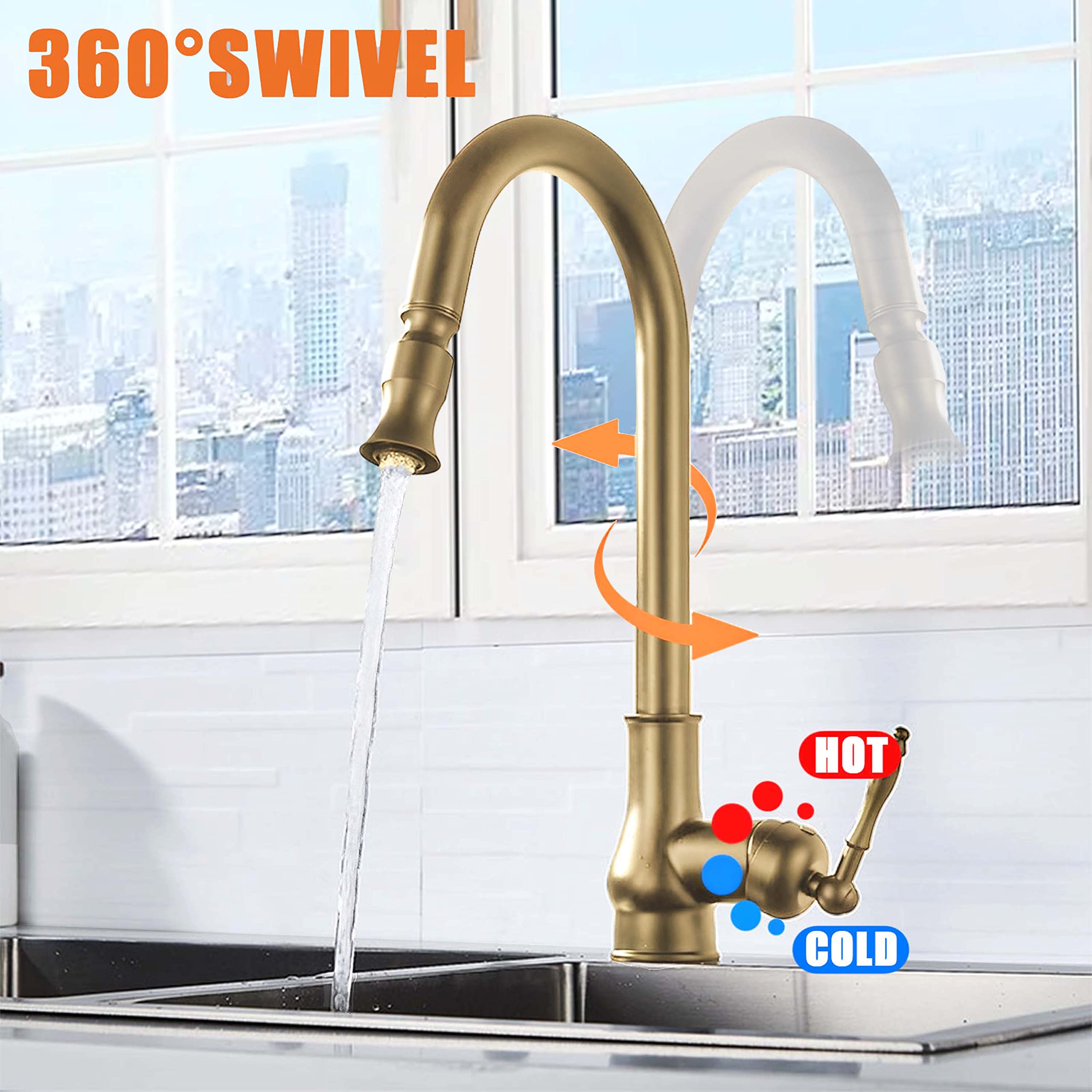 Lightinthebox Single Handle Kitchen Faucet,Antique Copper One Hole Pull Out Pull Down Widespread Brass Faucet Body With Cold Hot Mixer Hoses