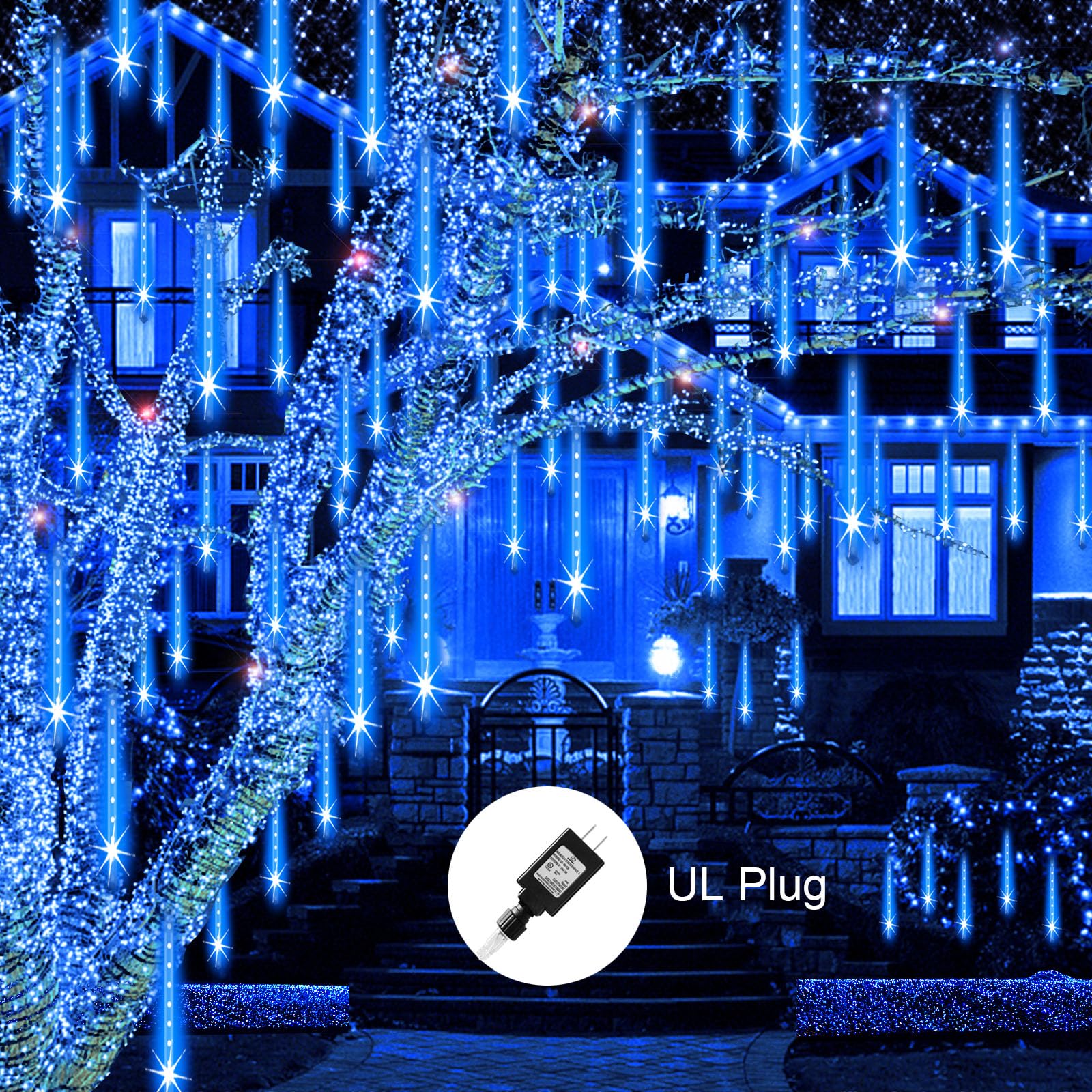 Aukora Christmas Lights Outdoor，Led Meteor Shower Lights 11.8 Inch 8 Tubes 192Leds Rain Drop Light, Icicle Snow Falling Light For Christmas Tree Halloween Party Holiday Thanksgiving Decoration(Blue)
