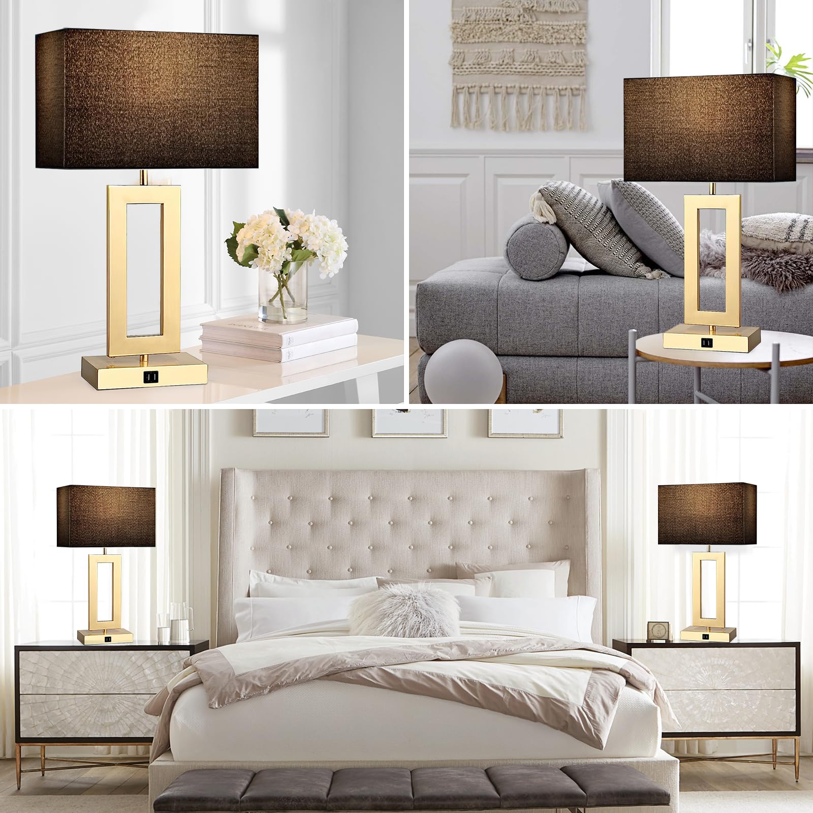 Gernehop Black Table Lamps Set Of 2 With Dual Usb Ports,3-Way Dimmable Touch Control Bedside Lamps,22Inch Tall Modern Bedroom Table Lamp For Living Room,Nightstand Led Bulbs Included