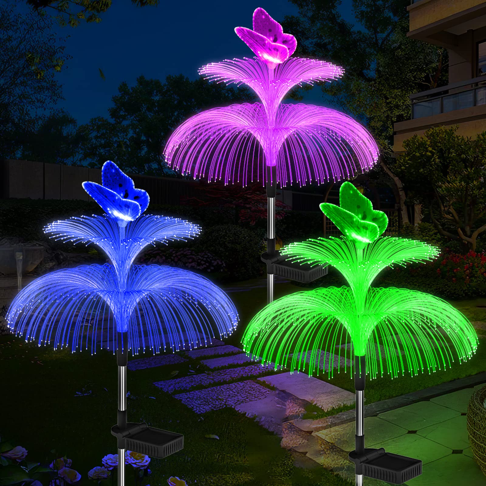 Weepong Solar Garden Lights Waterproof 3 Pack Solar Lights Outdoor Decorative 7 Color Changing Double Jellyfish And Butterfly Flower Garden Decor Yard Christmas Pool Outdoor,  For Mother'S Women