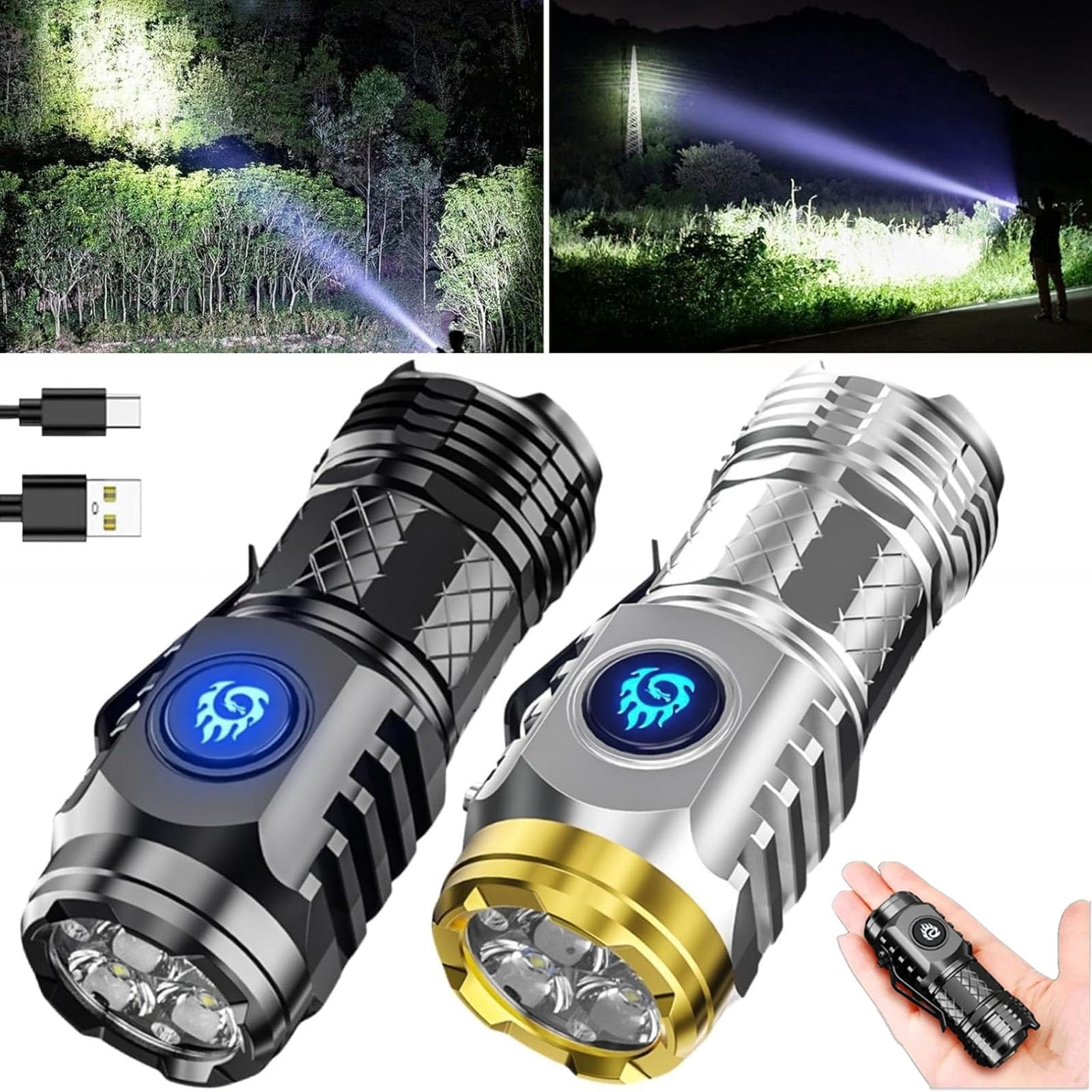Rzarev 3Eye Mini Monster Rechargeable Mini Flashlight With Clip, Thumb Flashlight For Outdoor, Super Power Flash