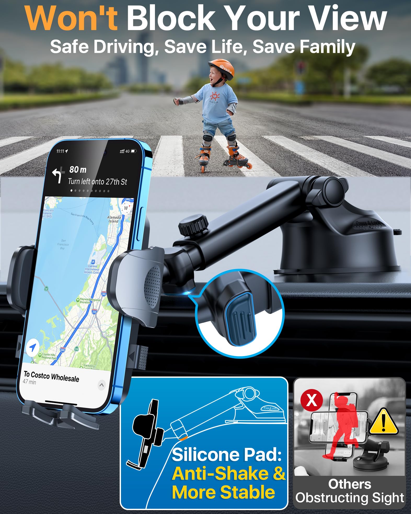 Htu  Ultimate Car Phone Mount【80+Lbs Strongest Suction & Military-Grade】【Patent & Safety Certs】 Cell Phone Holder Truck Stand For Dashboard Windshield Vent For Iphone 16 Pro Max 15 14 Samsung, Black