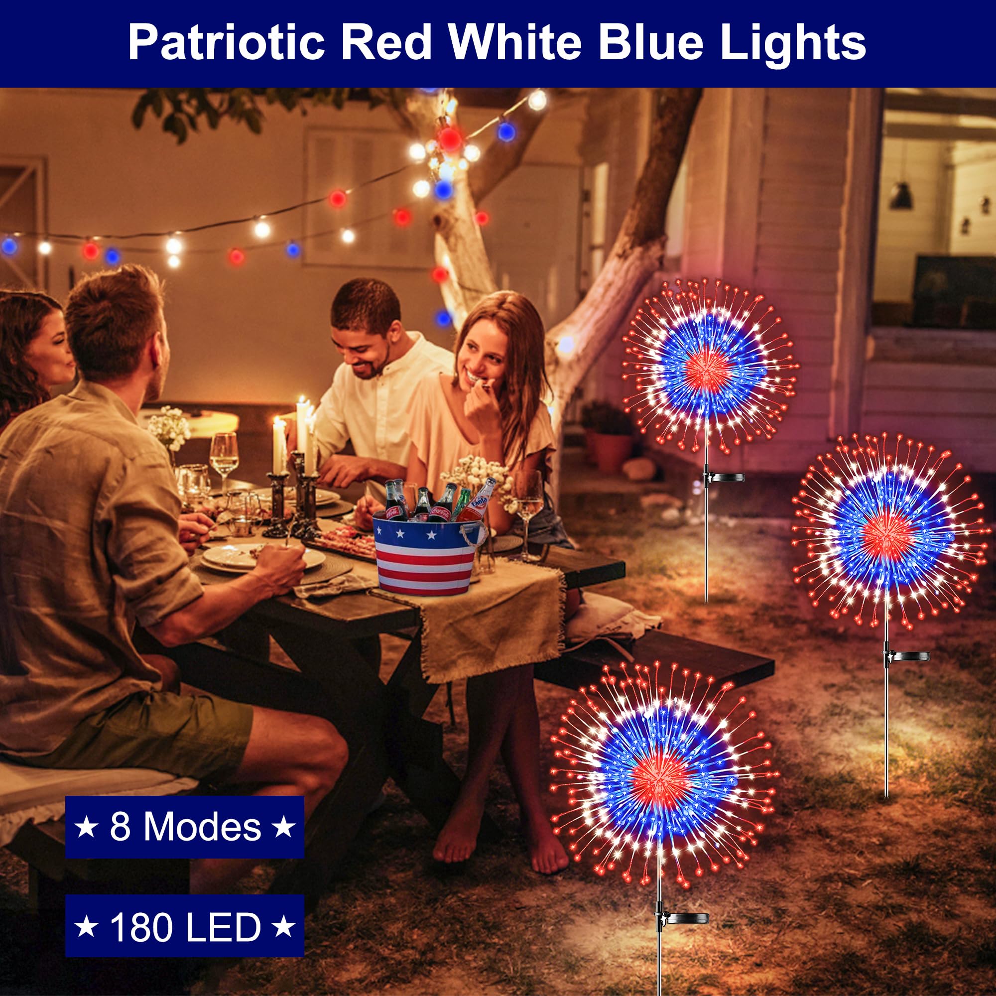 Sakayo 4Th Of July Decorations Outdoor Solar Lights, 2 Pack Fourth Of July Red White And Blue Patriotic Decorations, Outdoor Solar Firework Fairy Lights With 180 Led 8 Modes For July 4Th Decor