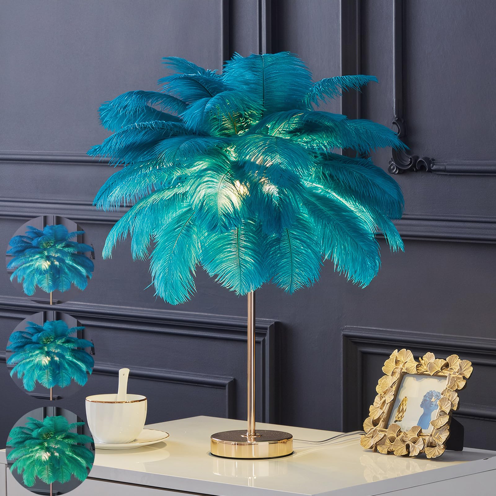 Lincwonz White Ostrich Feather Lamp,3-Color Temperature Modes,40 Feathers And 5 G4 Led Light Bulbs,Pink Lamp For Girl'S Bedside,Golden Base (Blue-Green)