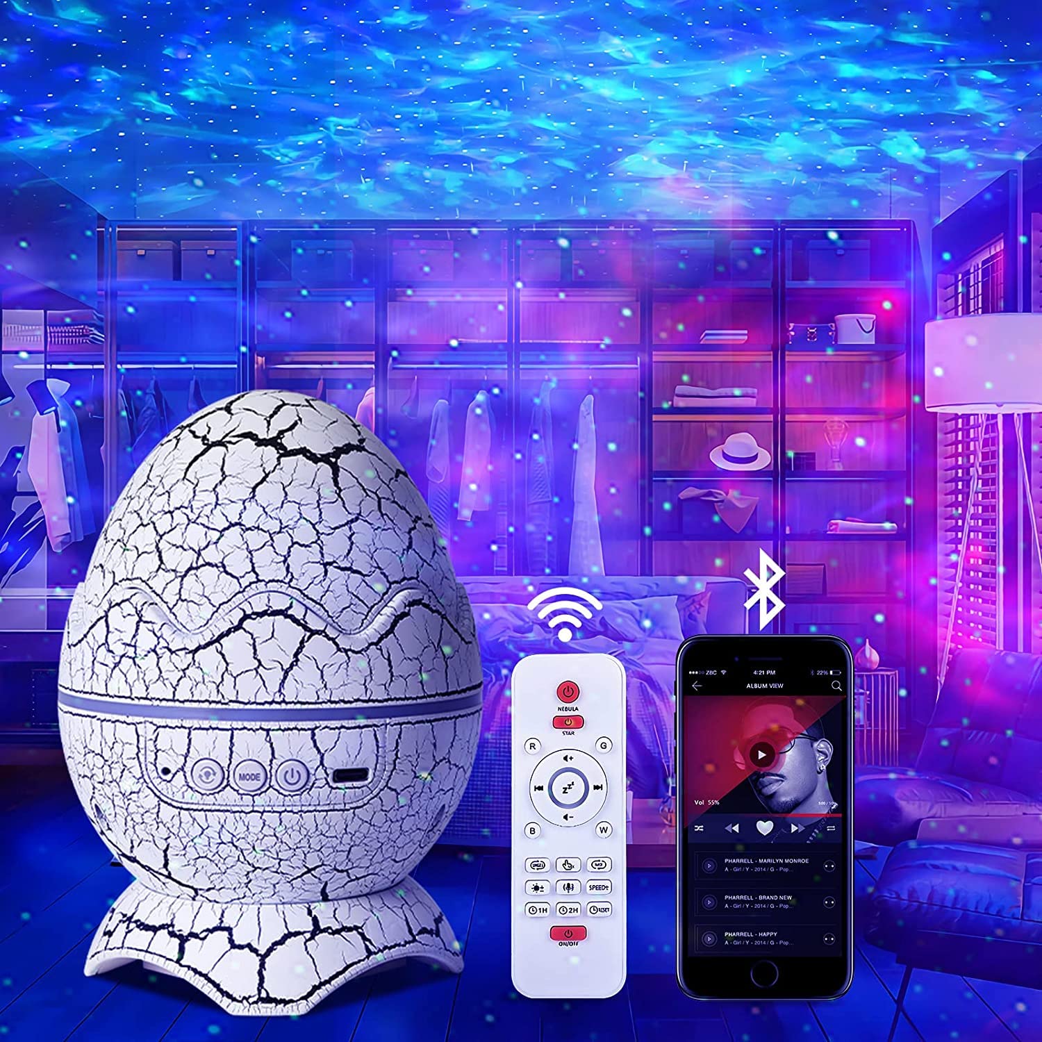 Szpacmate Dinosaur Egg Galaxy Star Projector Starry Light With Wireless Music Player, Night Light With White Noise, Nebula,Timer & Remote Control Best  & Decoration For Children'S And Adults' Bedroom