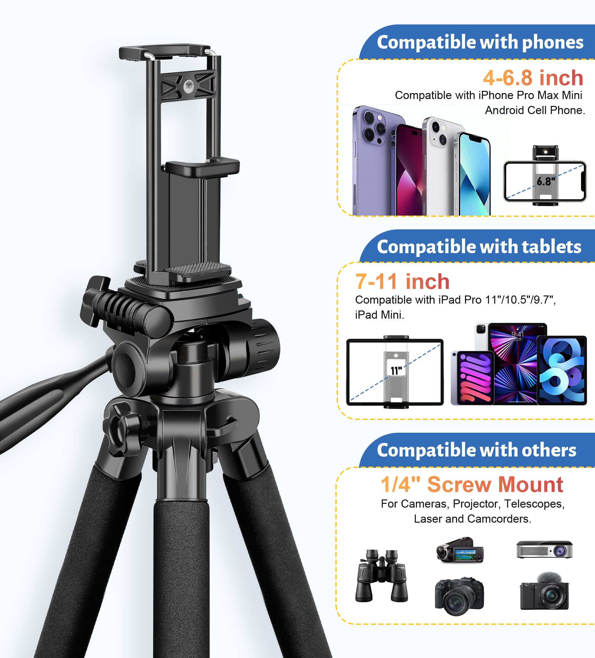 Joilcan Tripod For Camera, 67" Heavy Duty Camera Tripod, Phone Tripods For Video Recording Photo Vlog, Aluminum Tripods With Holder & Travel Bag For Cameras Dslr Iphone Projector Laser