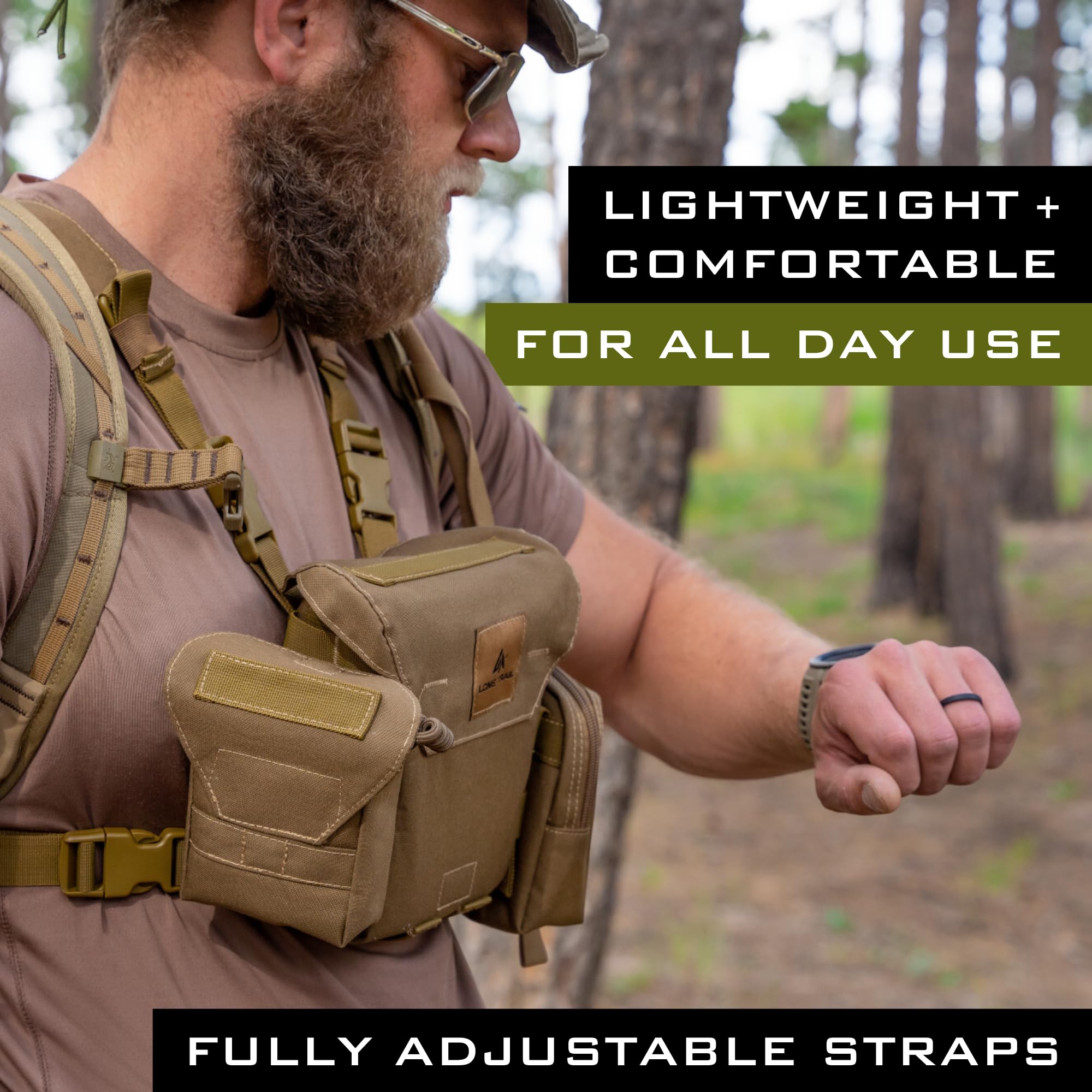 Lone Trail Waterproof Binocular Harness Chest Pack - Lightweight Bino Harness With Rangefinder Pouch, Binocular Case Chest Harness With Silent Magnetic Closure - Molle System Hunting Gear For Hunting