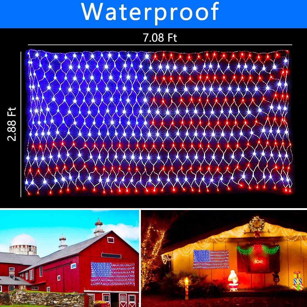 Henhui American Flag Lights,Hhui 420 Led Flag Net Light,Waterproof Flag String Lights Outdoor,Patriotic Ornaments For Independence/National Day July 4Th Memorial Day Halloween Christmas Day, 110V-Plug In