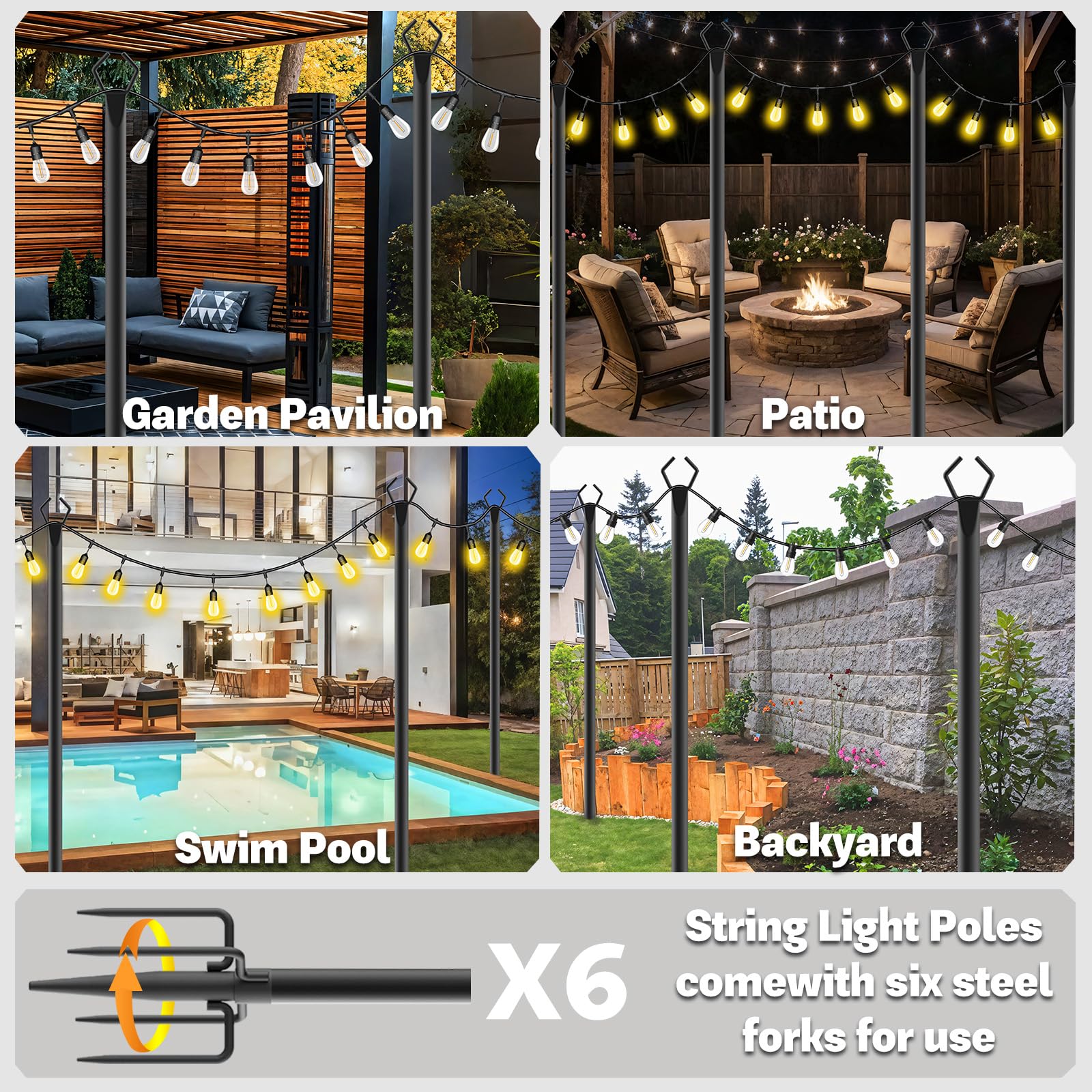 Talkhigh 6 Pack 10 Ft Heavy Duty Metal String Light Poles Adjustable Outdoor Lighting Stand For Patio,Backyard,Garden,Party & Wedding Rustproof & Sturdy With Hooks