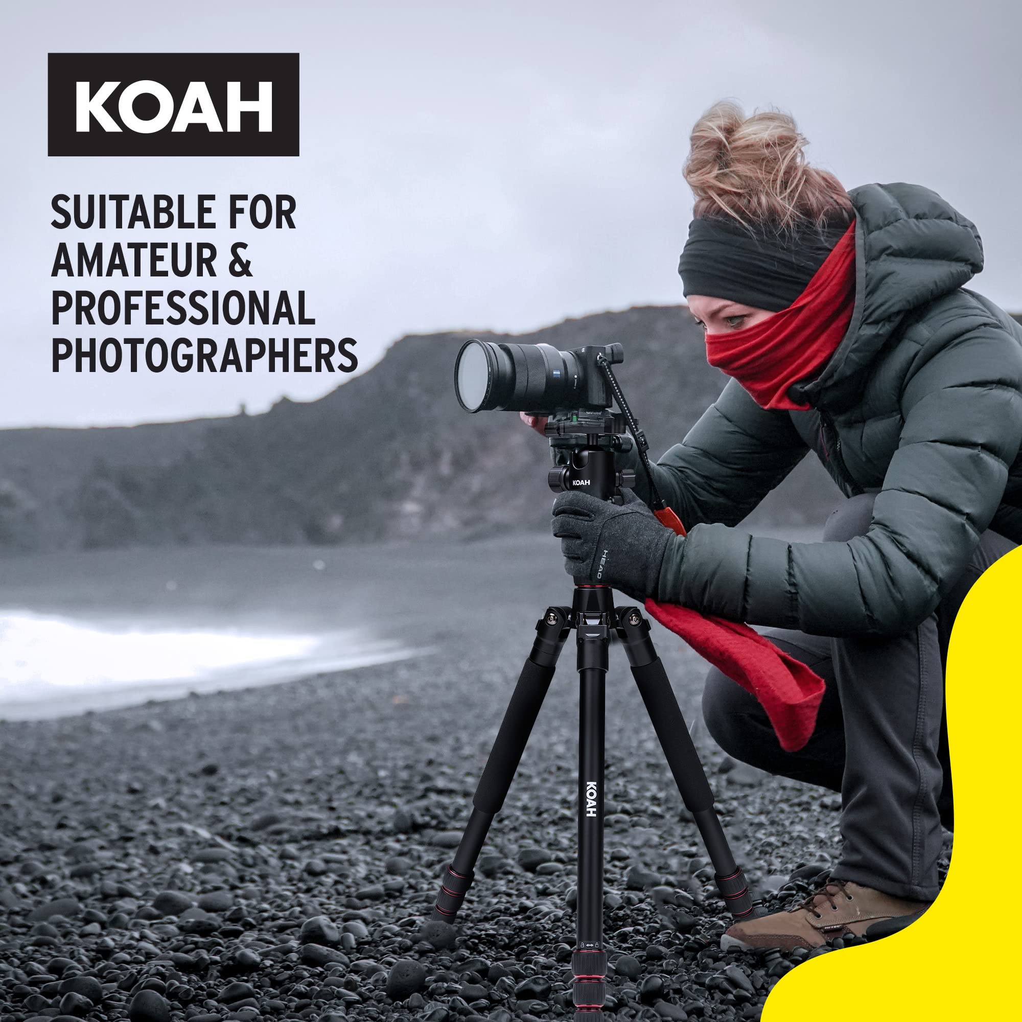 Koah Perihelion 60-Inch Professional Lightweight Aluminum Tripod For Dslr, Mirrorless Or Smartphone Cameras With Carrying Case, 360-Degree Ball Head And 33Lb. Load, For Travel And Work Use (Black)